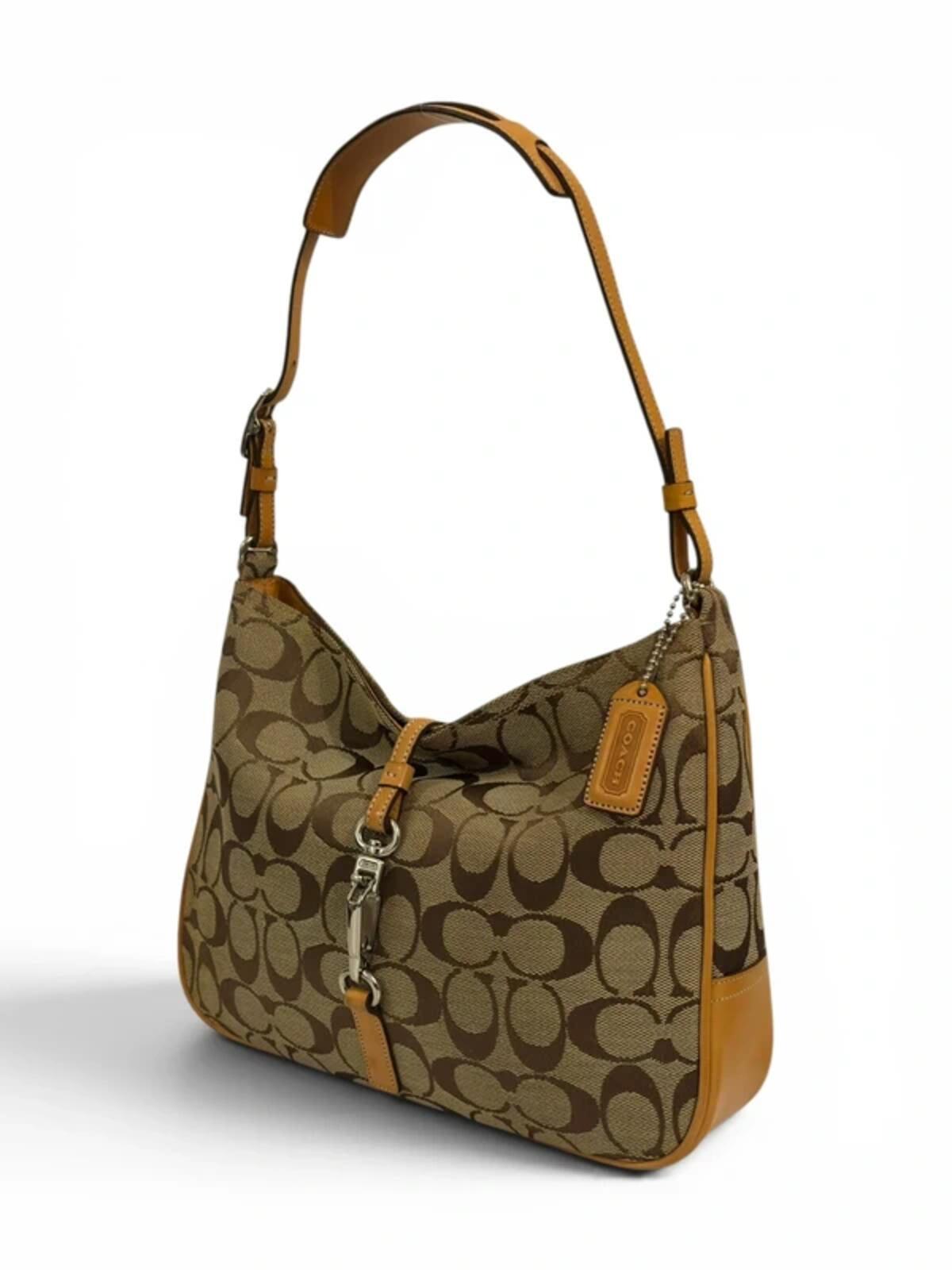 Coach Brown Tan Hamptons Brown Clip Canvas & Leather Vintage Hobo Shoulder Bag