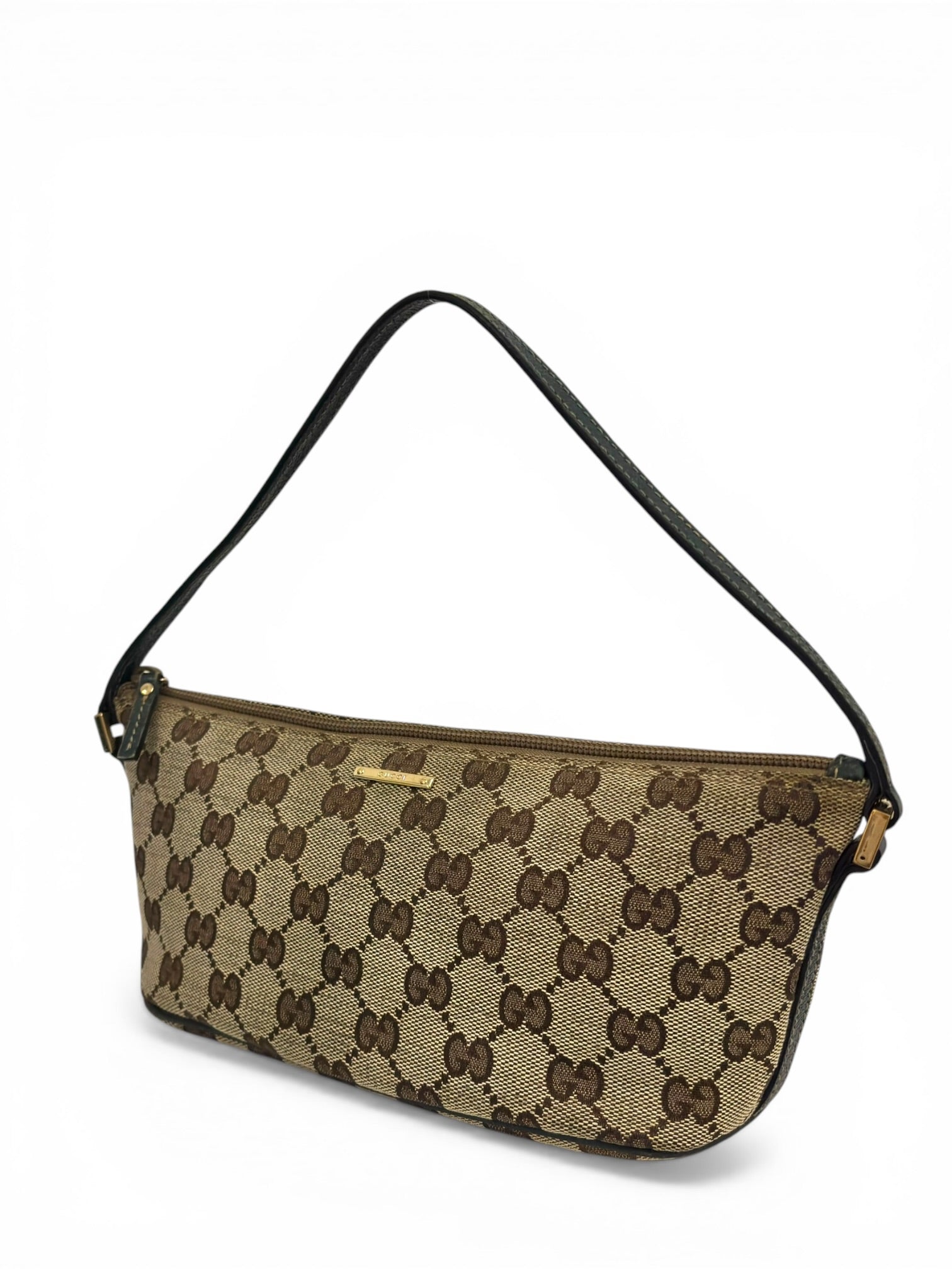 Gucci Brown Beige Canvas & Dark Blue Leather Pochette Boat Shoulder Bag
