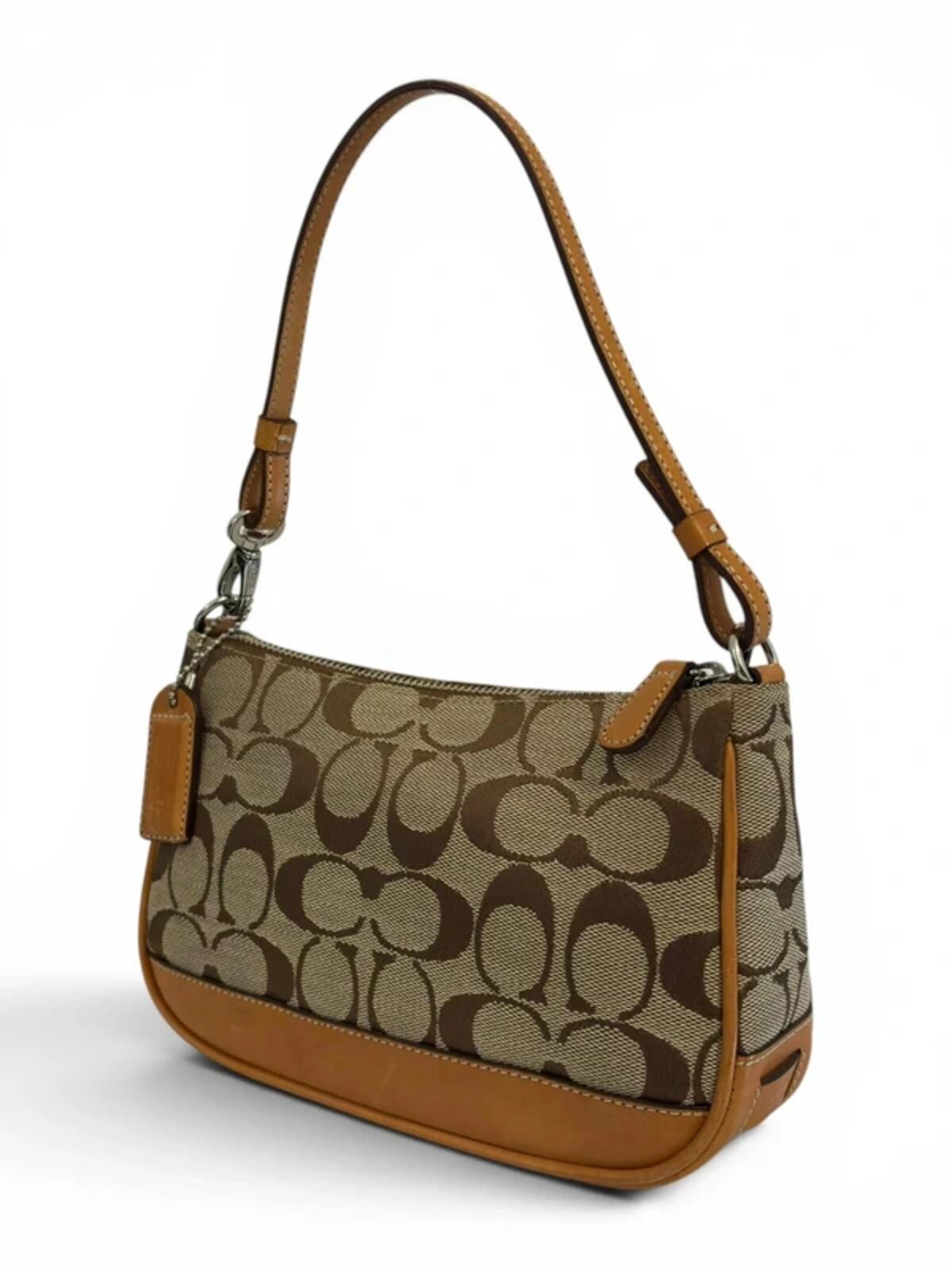 Coach Brown Mini ‘Demi’ Signature Canvas & Leather Pochette Vintage Shoulder Bag