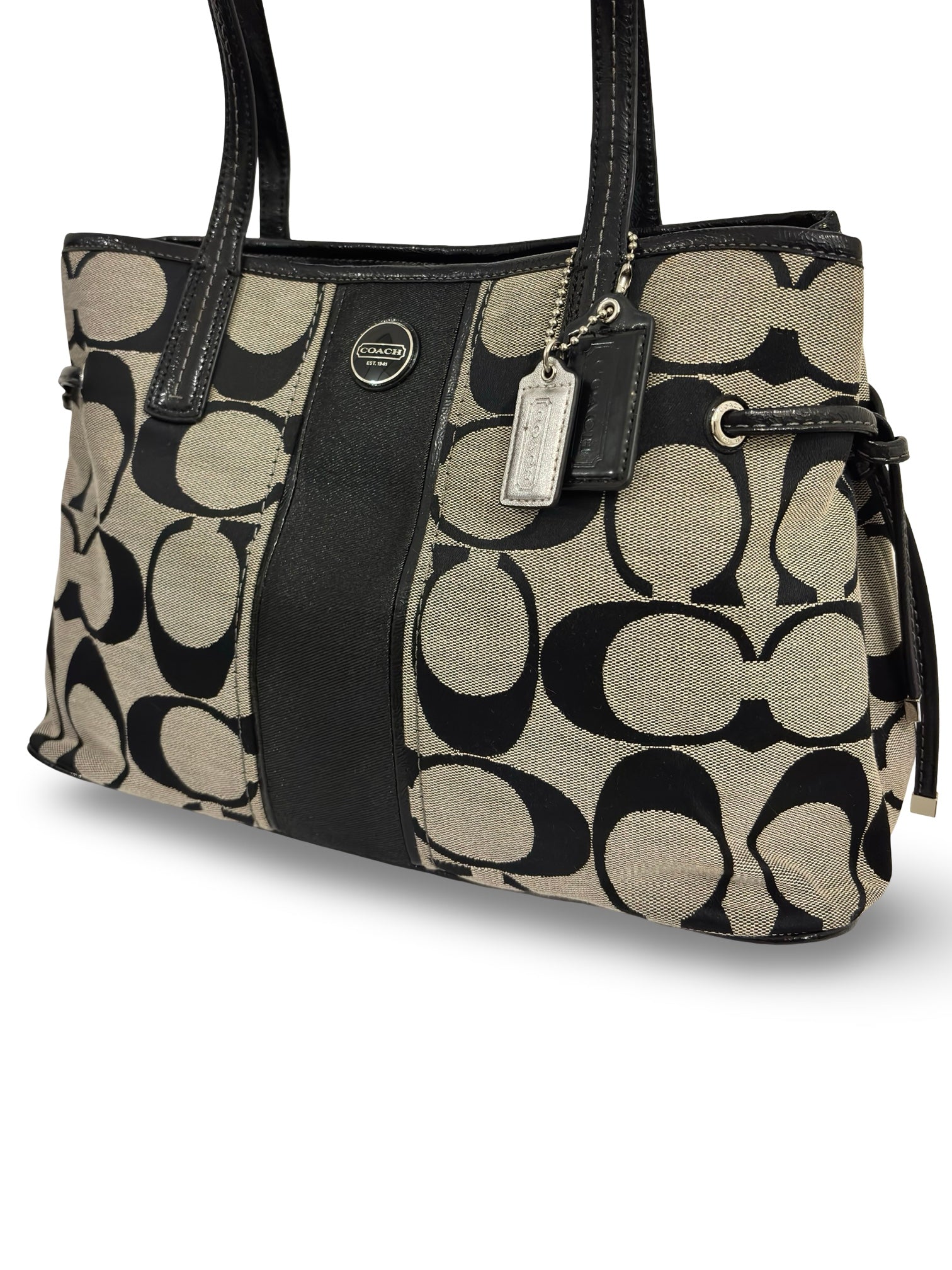 Coach Black Signature Stripe Black & Grey Canvas & Patent Leather Vintage Shoulder Bag