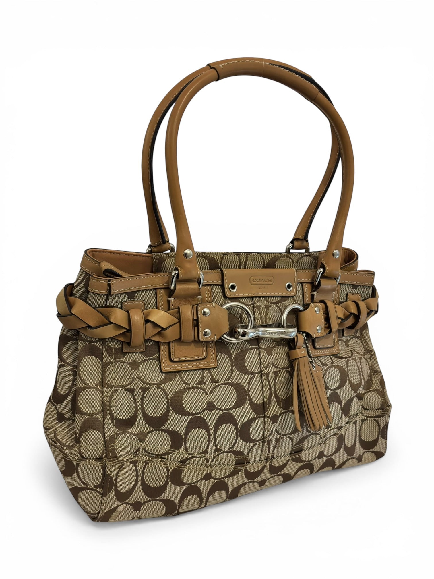 Coach Brown Khaki Braided Canvas & Leather Signature Vintage Tote Shoulder Bag