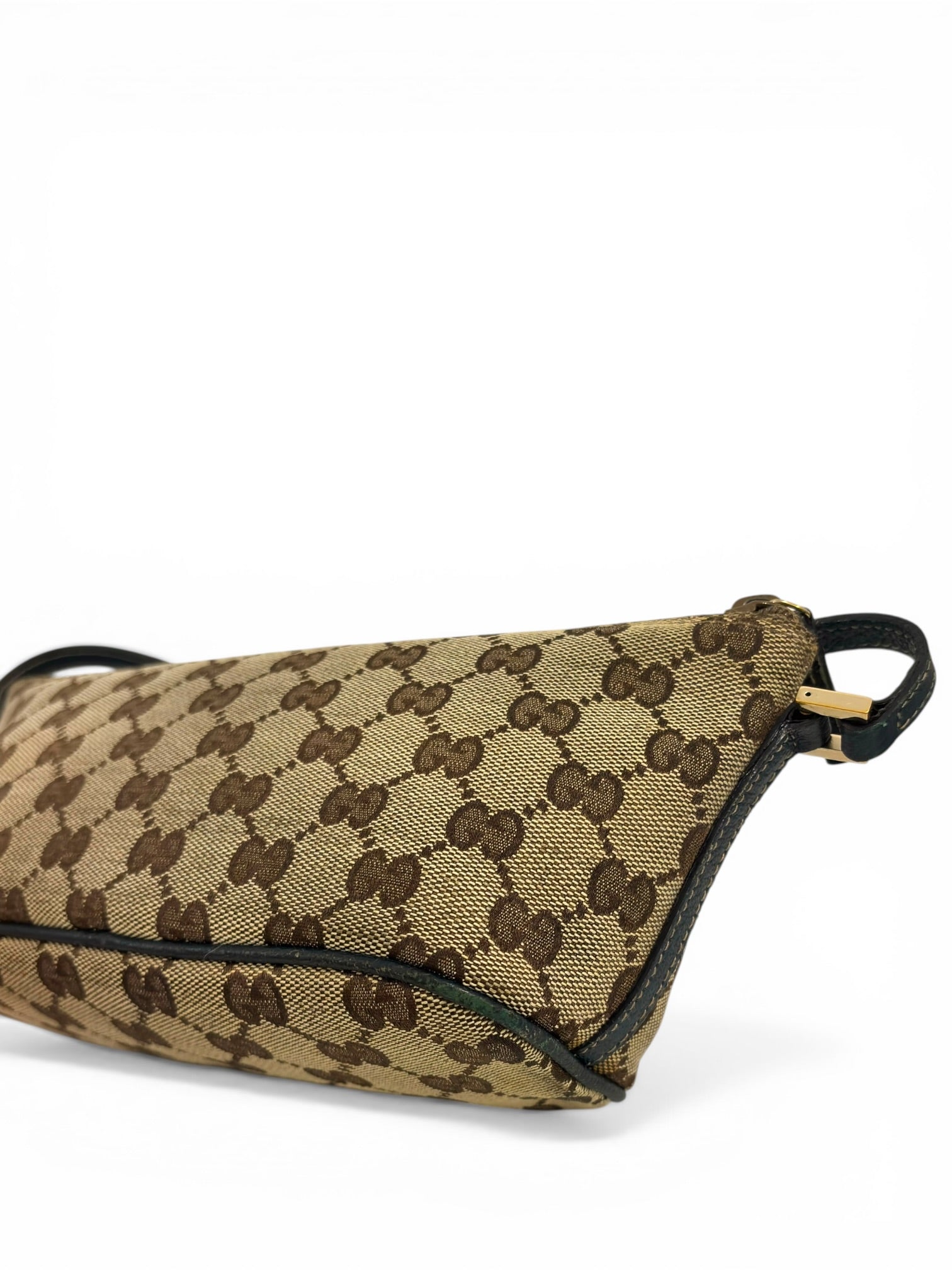 Gucci Brown Beige Canvas & Dark Blue Leather Pochette Boat Shoulder Bag