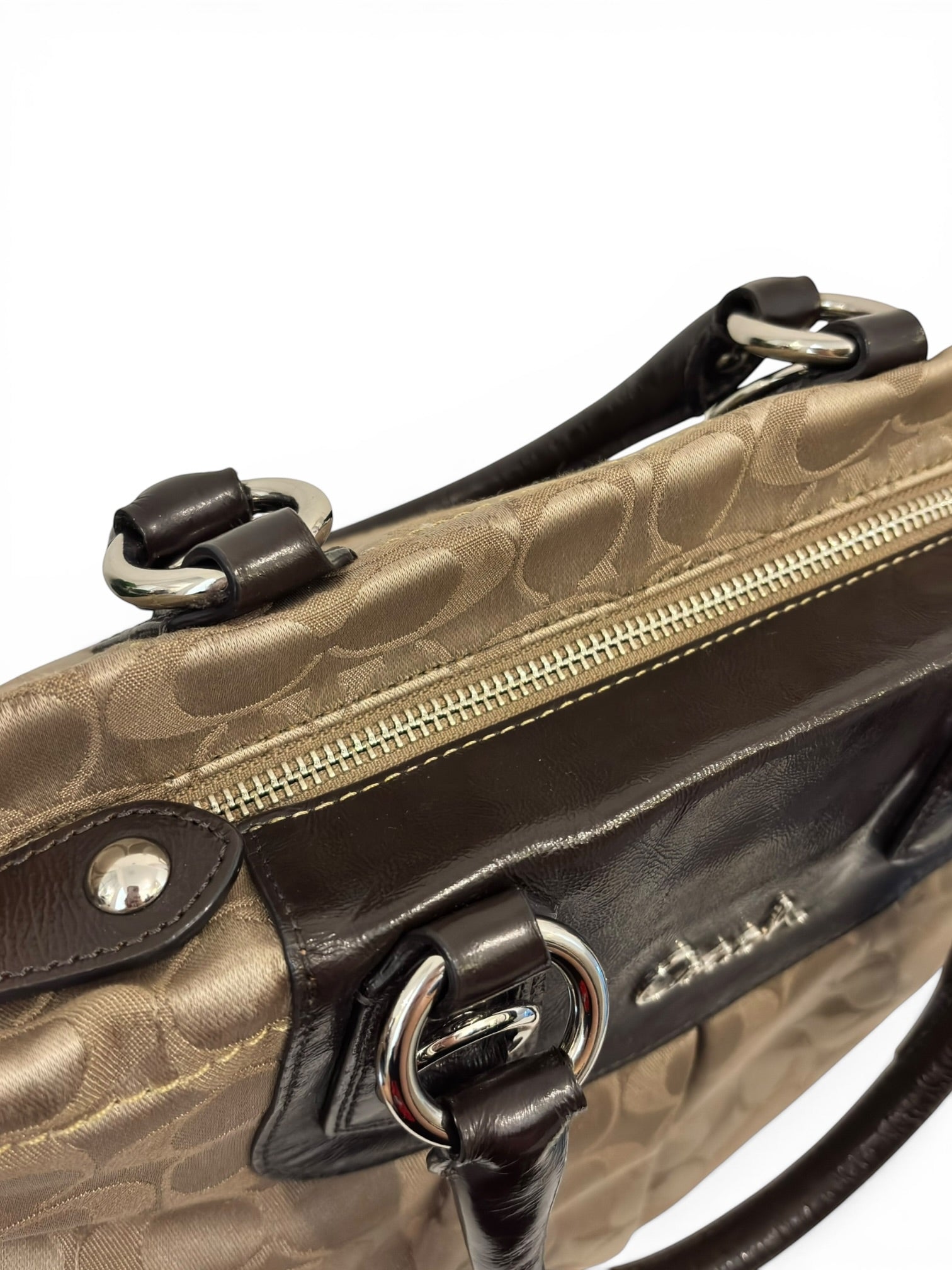 Coach Brown Beige Ashley Signature Canvas Satin & Patent Leather Vintage Shoulder Bag