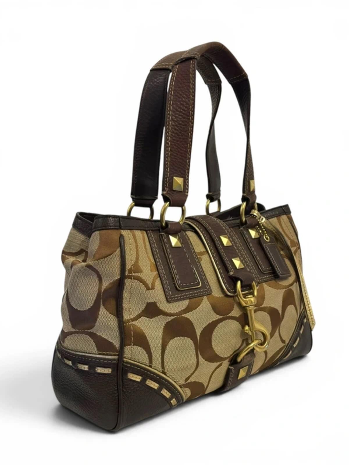 Coach Brown / Beige Studded Signature Vintage Horsebit Shoulder Bag