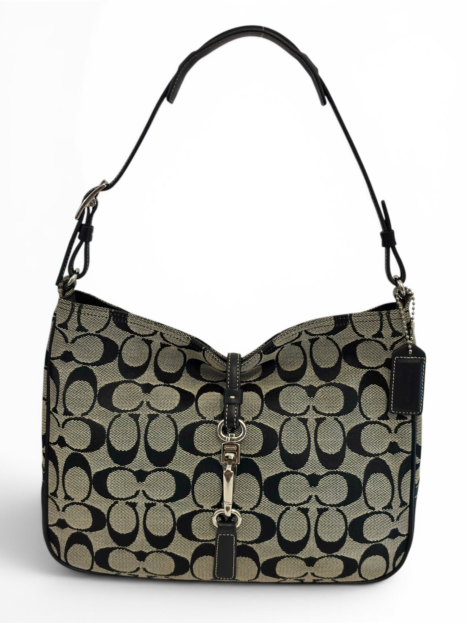 Coach Hampton Signature Clip Grey & Black Canvas
& Leather Hobo Vintage Shoulder Bag