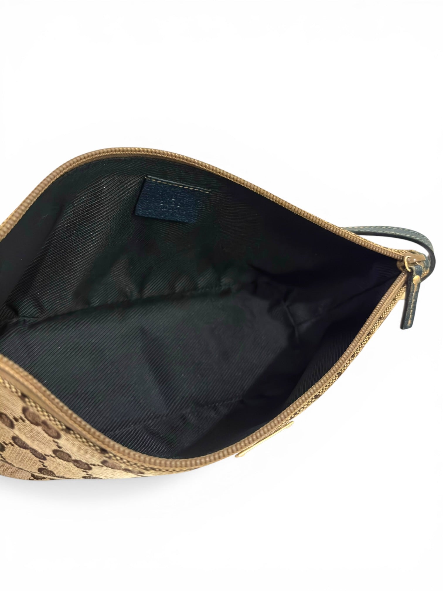Gucci Brown Beige Canvas & Dark Blue Leather Pochette Boat Shoulder Bag
