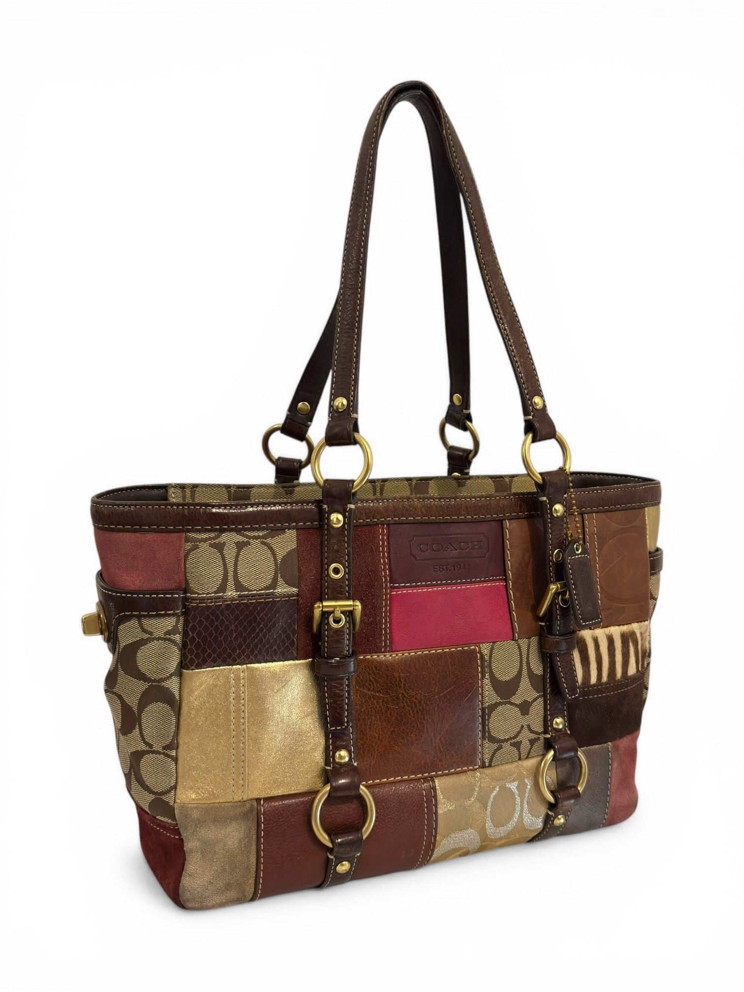 Coach Rare Limited Edition Holiday Legacy Pony Hair Patchwork Brown Red Tote Shoulder Bag