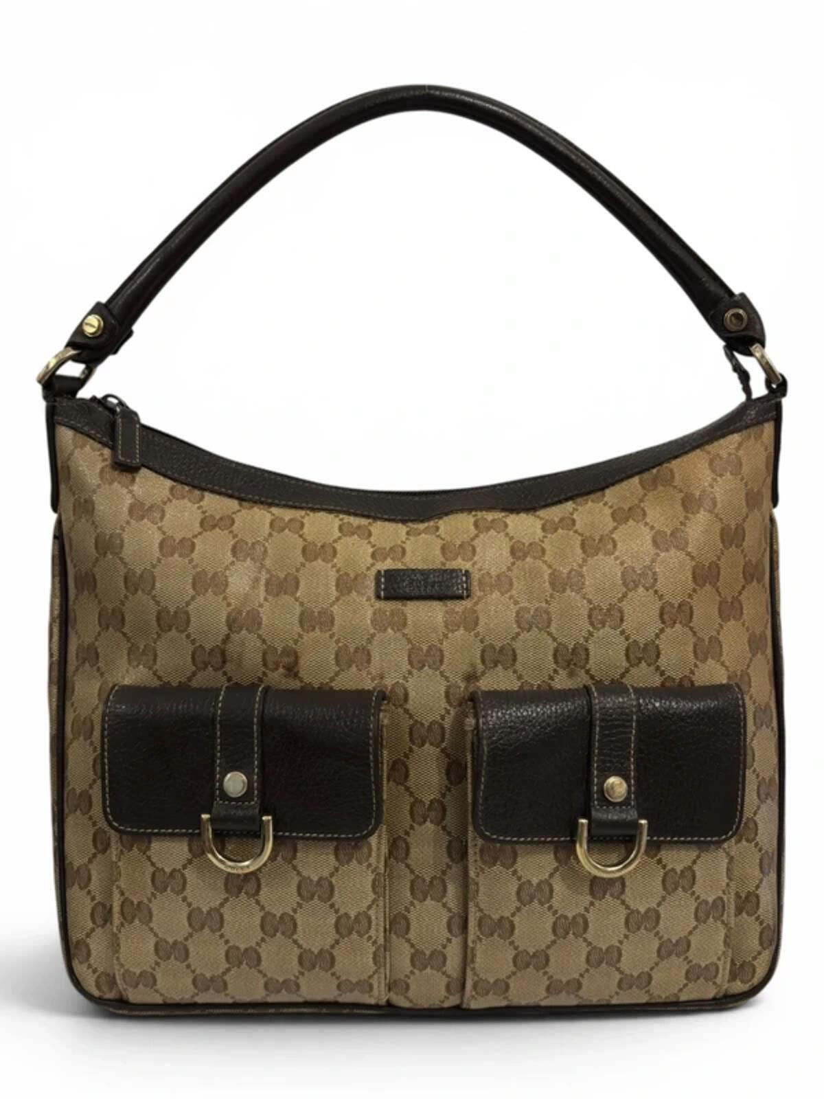 Gucci GG Abbey Crystal Brown & Beige Coated Canvas & Leather Vintage Shoulder Bag