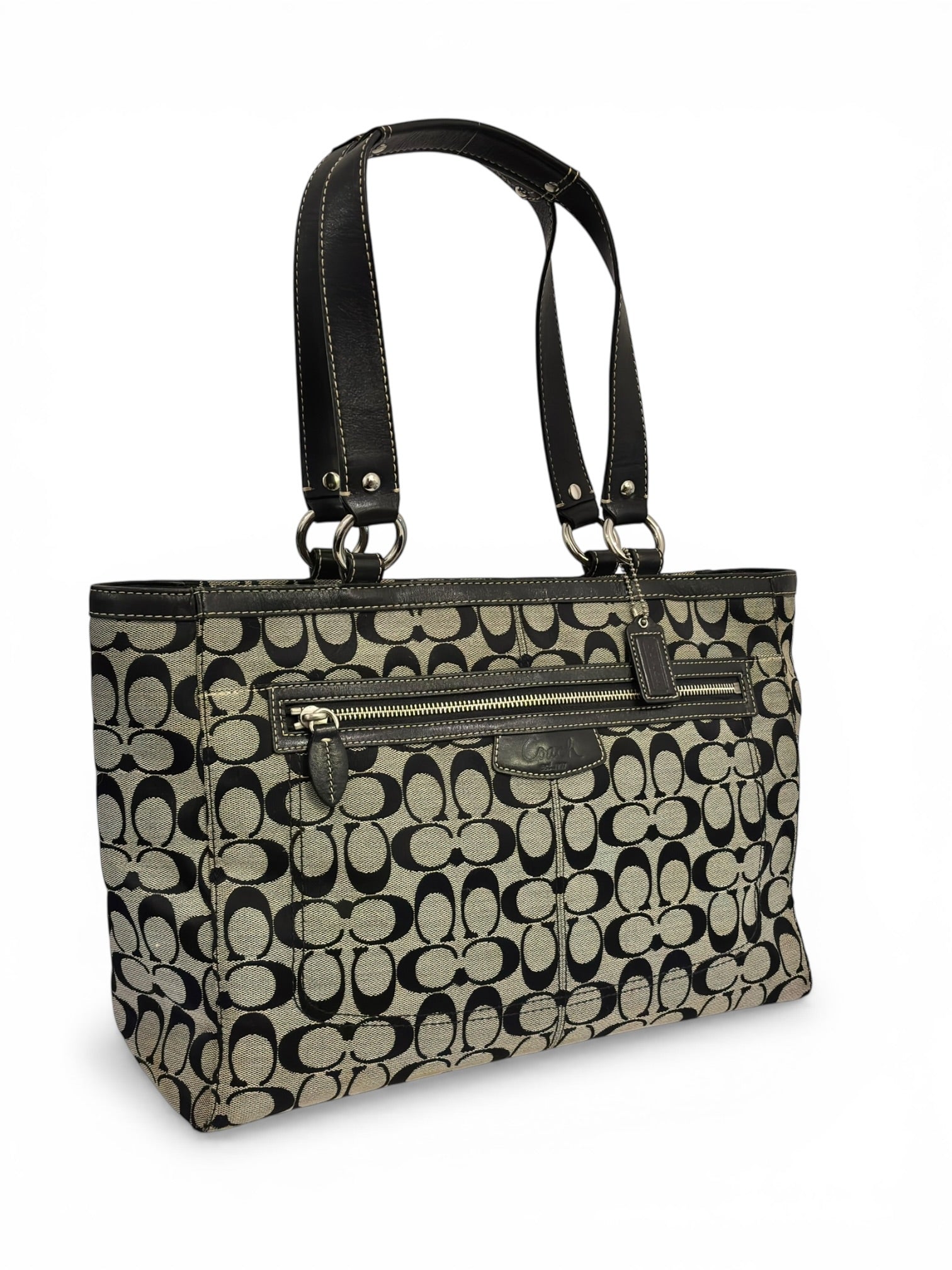 Coach XXL 'Penelope' Black & Grey Signature Canvas & Leather Vintage Tote Shoulder Bag