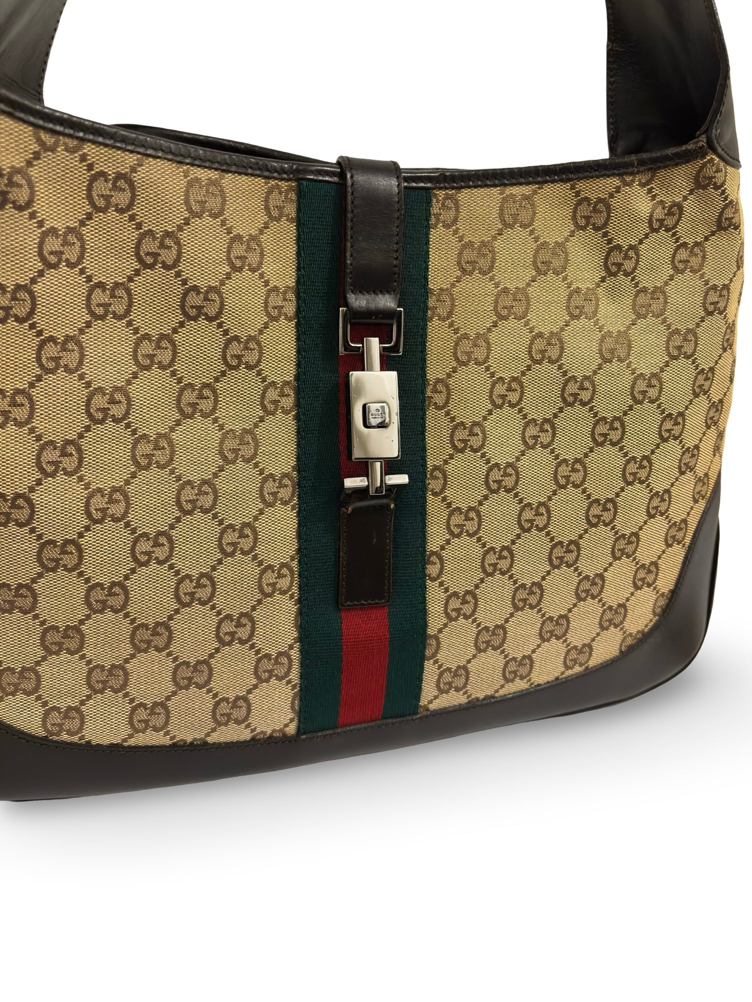 Gucci Jackie Canvas & Leather Brown Green Signature Stripe Vintage Hobo Shoulder Bag