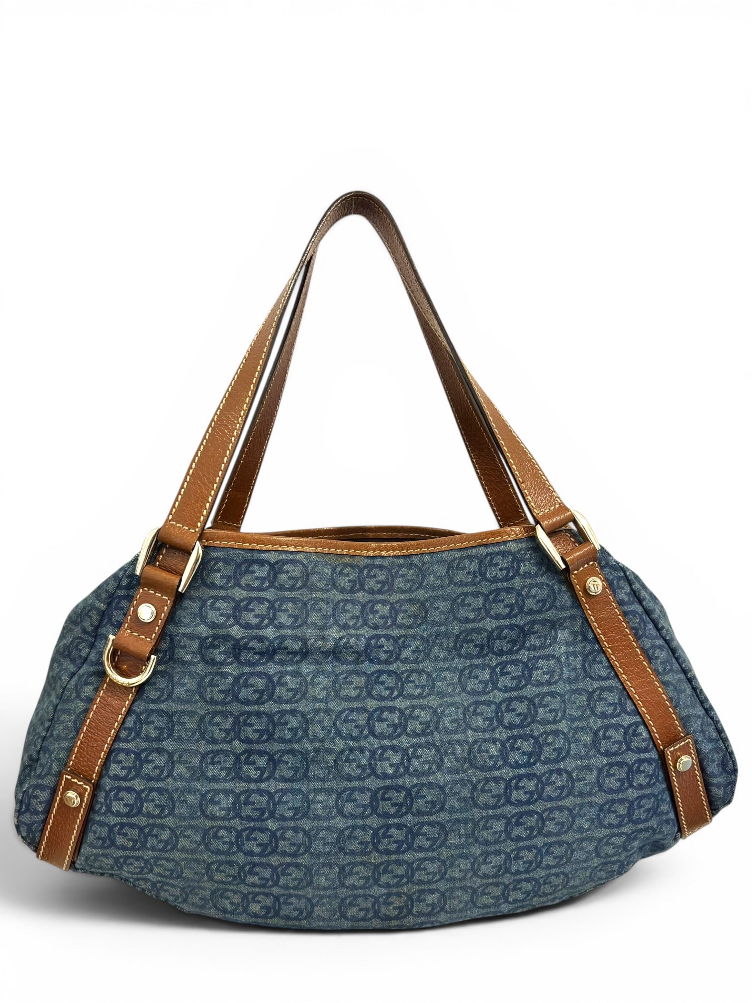 Gucci Denim Blue Abbey Interlocking G Signature Canvas & Brown Leather Tote Shoulder Bag