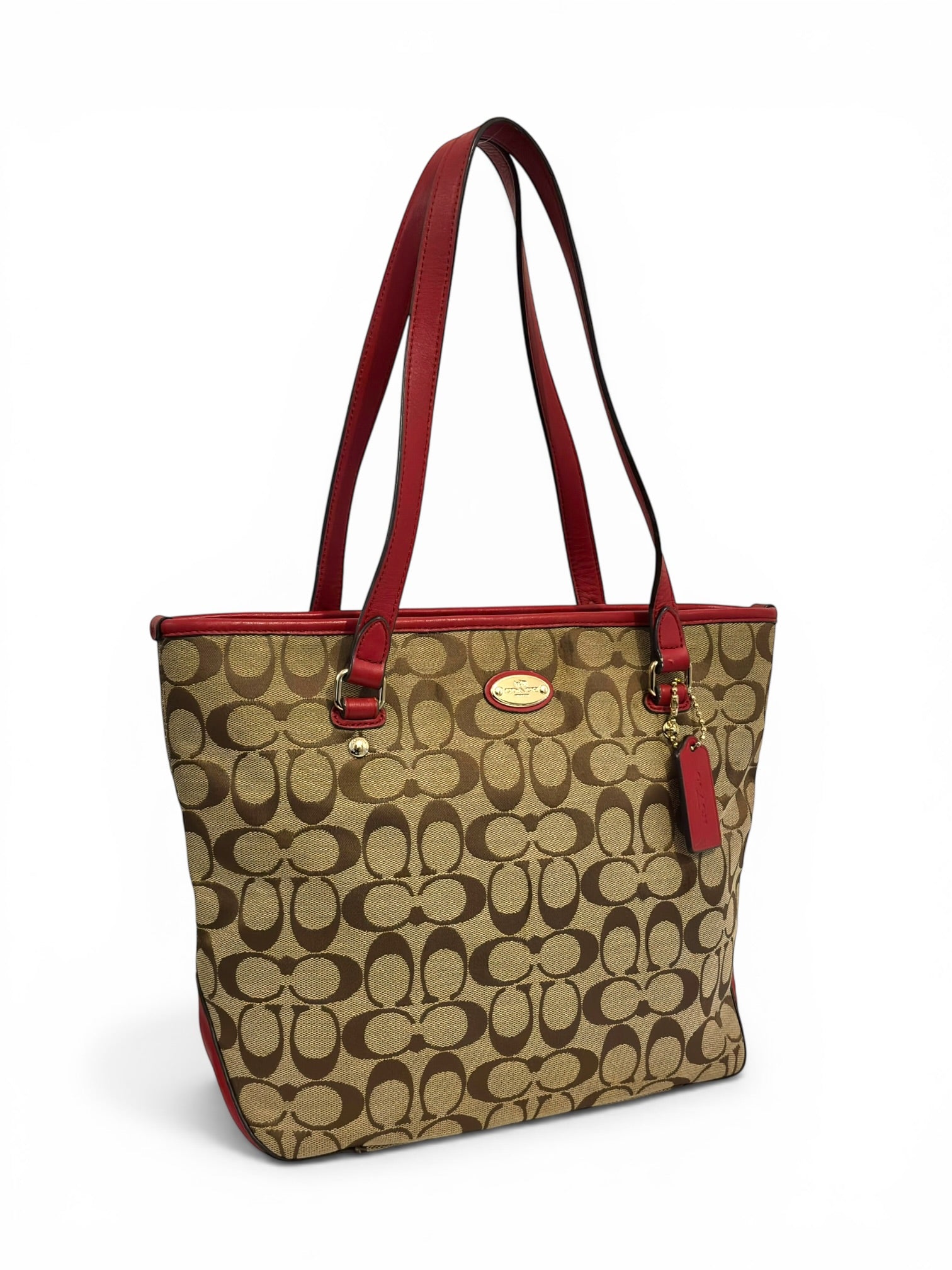 Coach Brown Khaki & Red Signature Monogram Canvas & Leather Tote Vintage Shoulder Bag