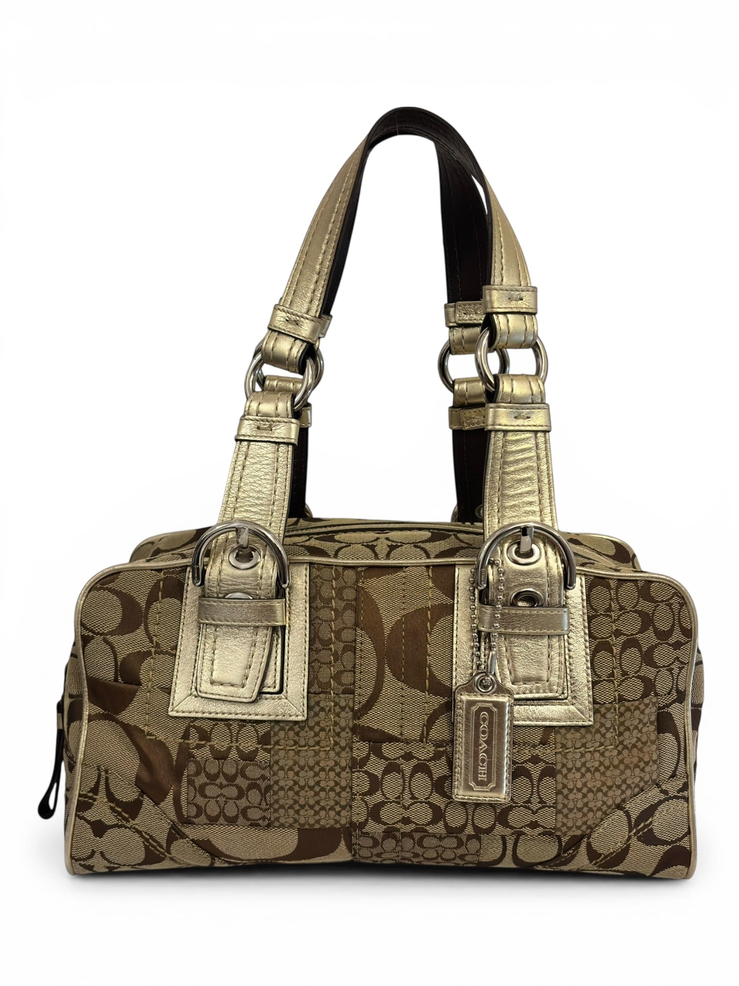 Coach Patchwork Brown & Gold Canvas Metallic Leather Boston Shoulder Bag