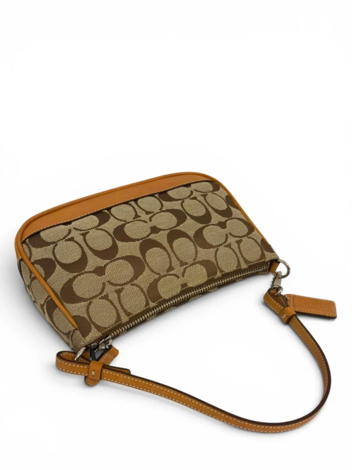 Coach Brown Mini ‘Demi’ Signature Canvas & Leather Pochette Vintage Shoulder Bag
