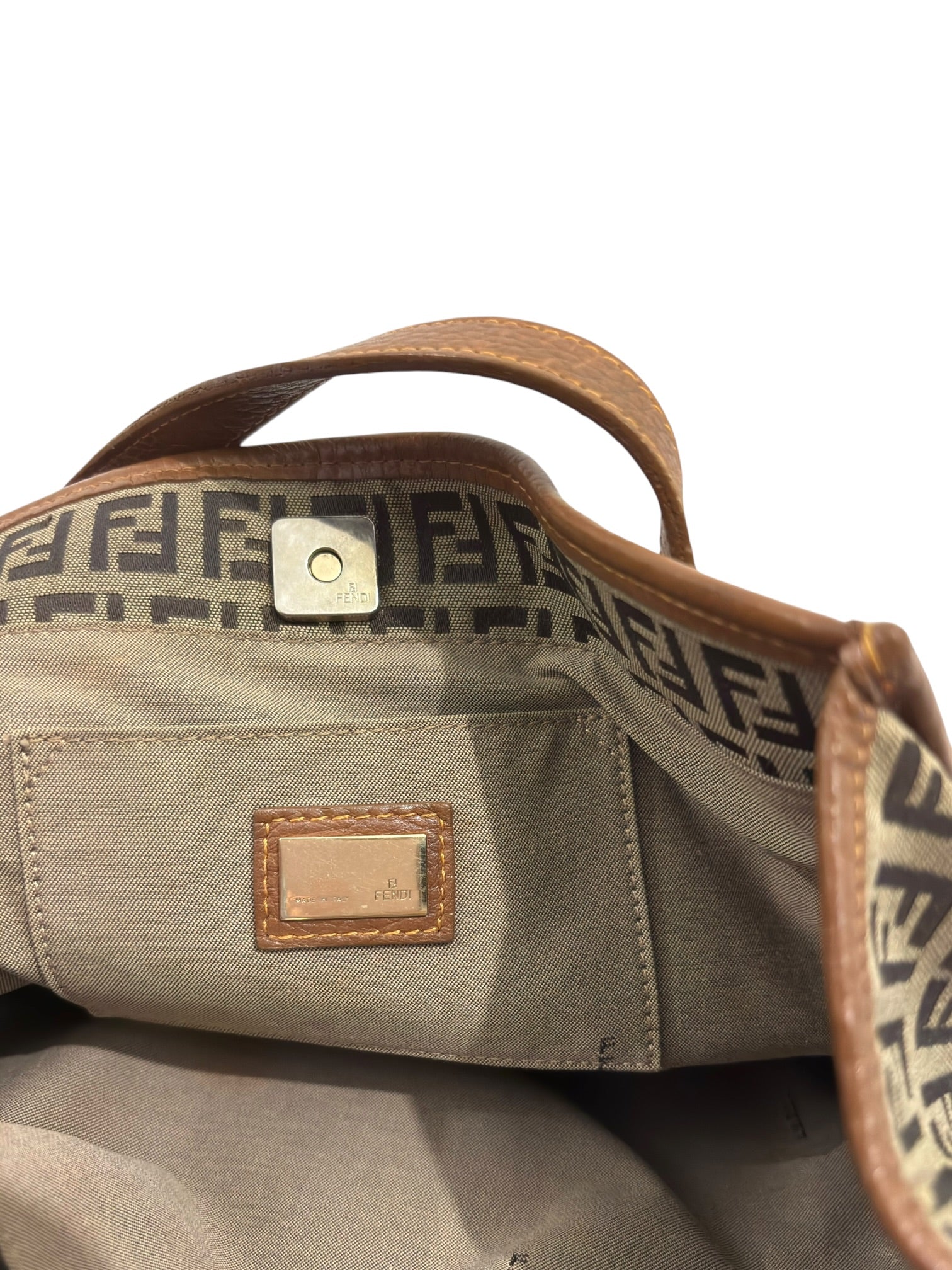 Vintage Fendi Zucchino Bag FF Canvas Tote Brown Leather Trim Shoulder Handbag