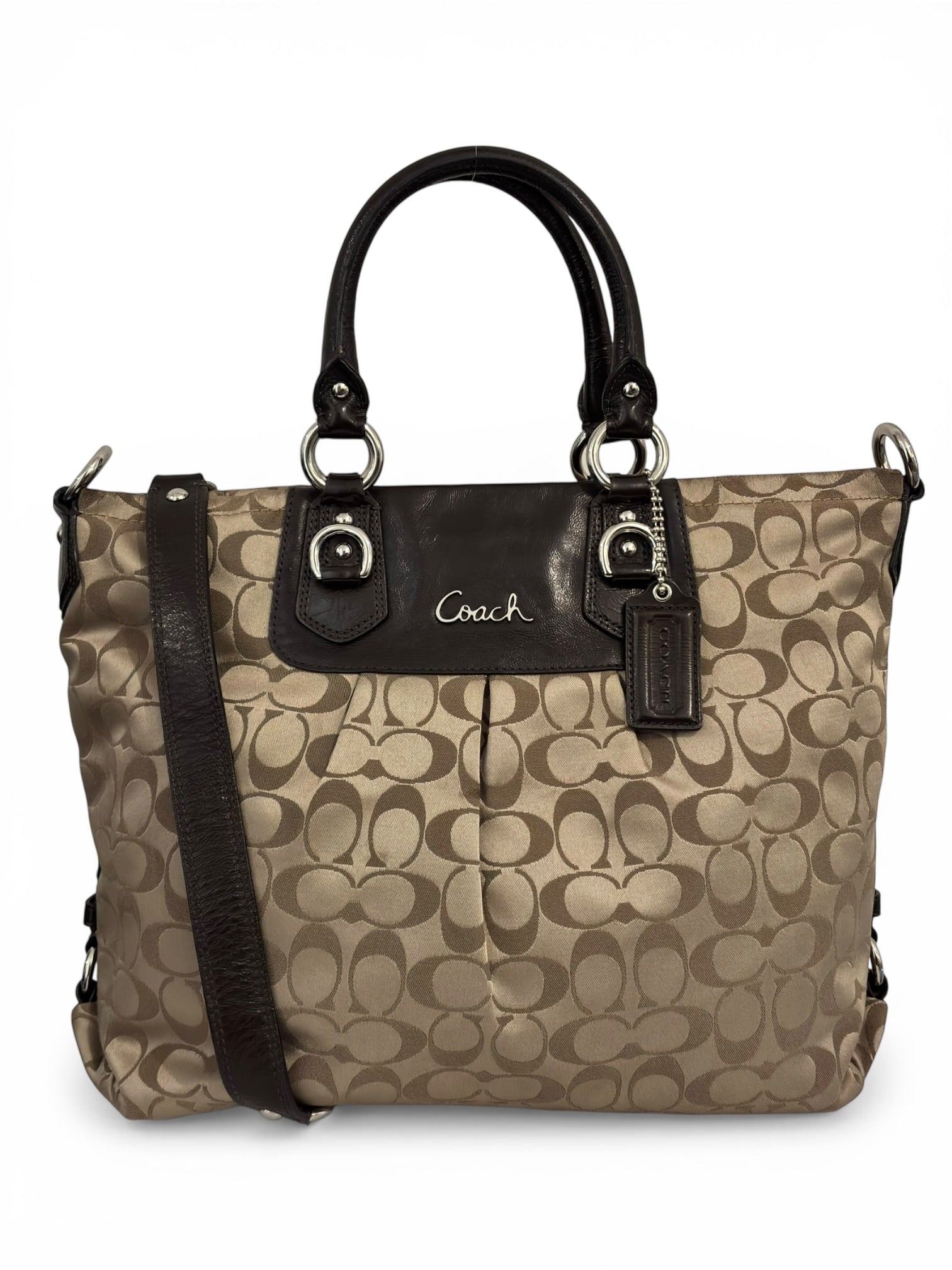 Coach Brown Beige Ashley Signature Canvas Satin & Patent Leather Vintage Shoulder Bag