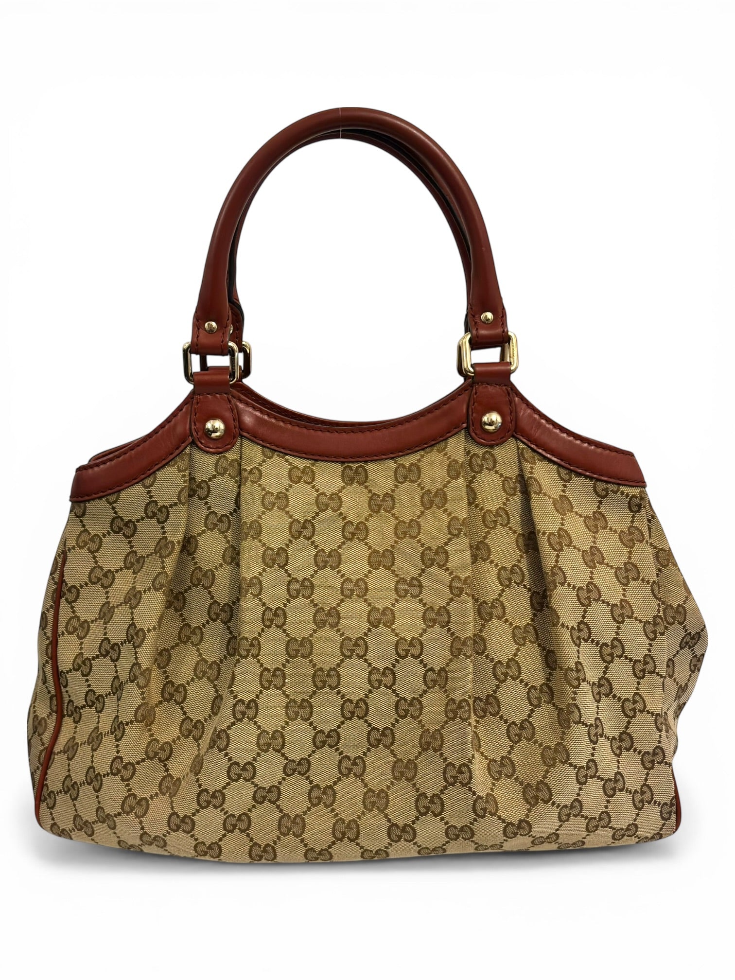 Gucci Sukey Brown & Red Leather & Canvas Monogram Tote Shoulder Bag