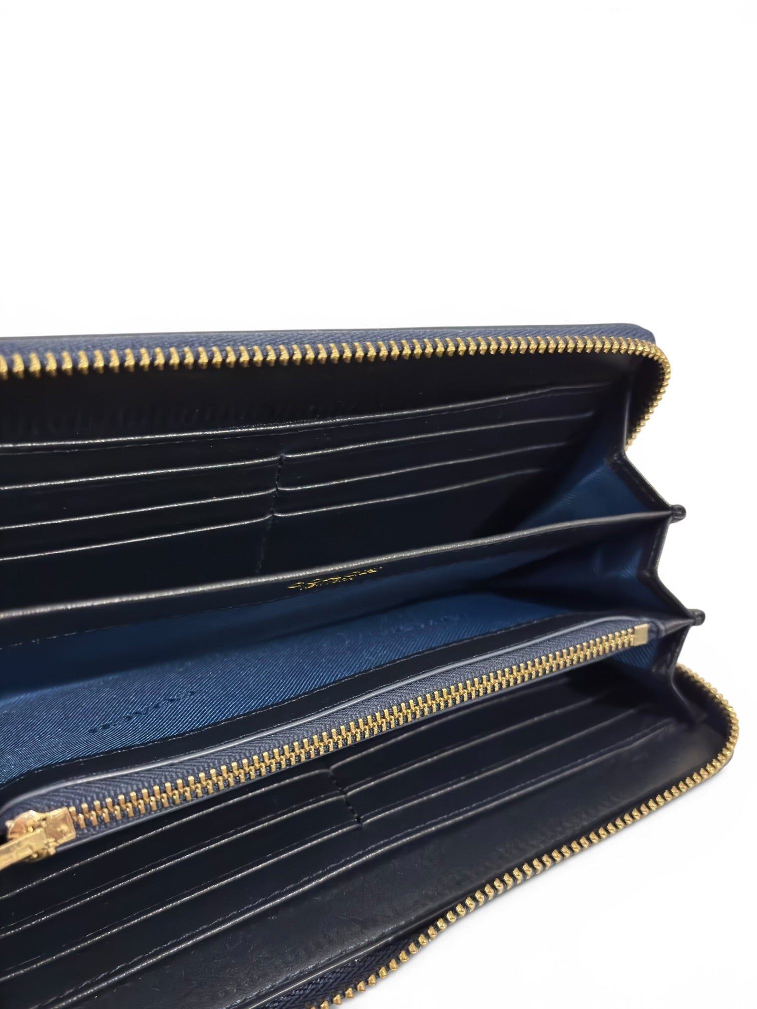 Coach (New - Boxed) Accordion Zip Wallet Midnight Blue Navy Crossgrain Leather Gold Hardware Purse