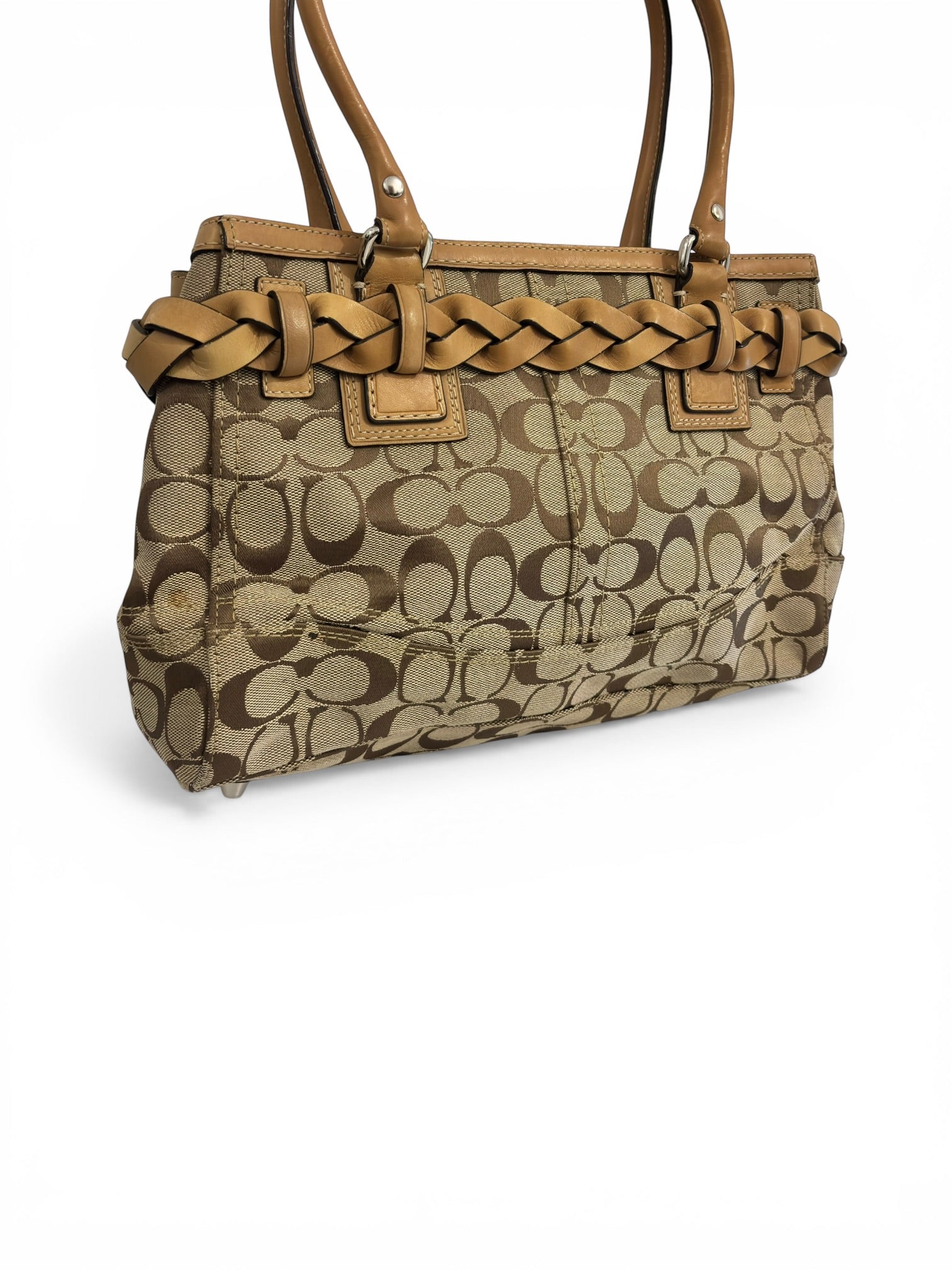 Coach Brown Khaki Braided Canvas & Leather Signature Vintage Tote Shoulder Bag
