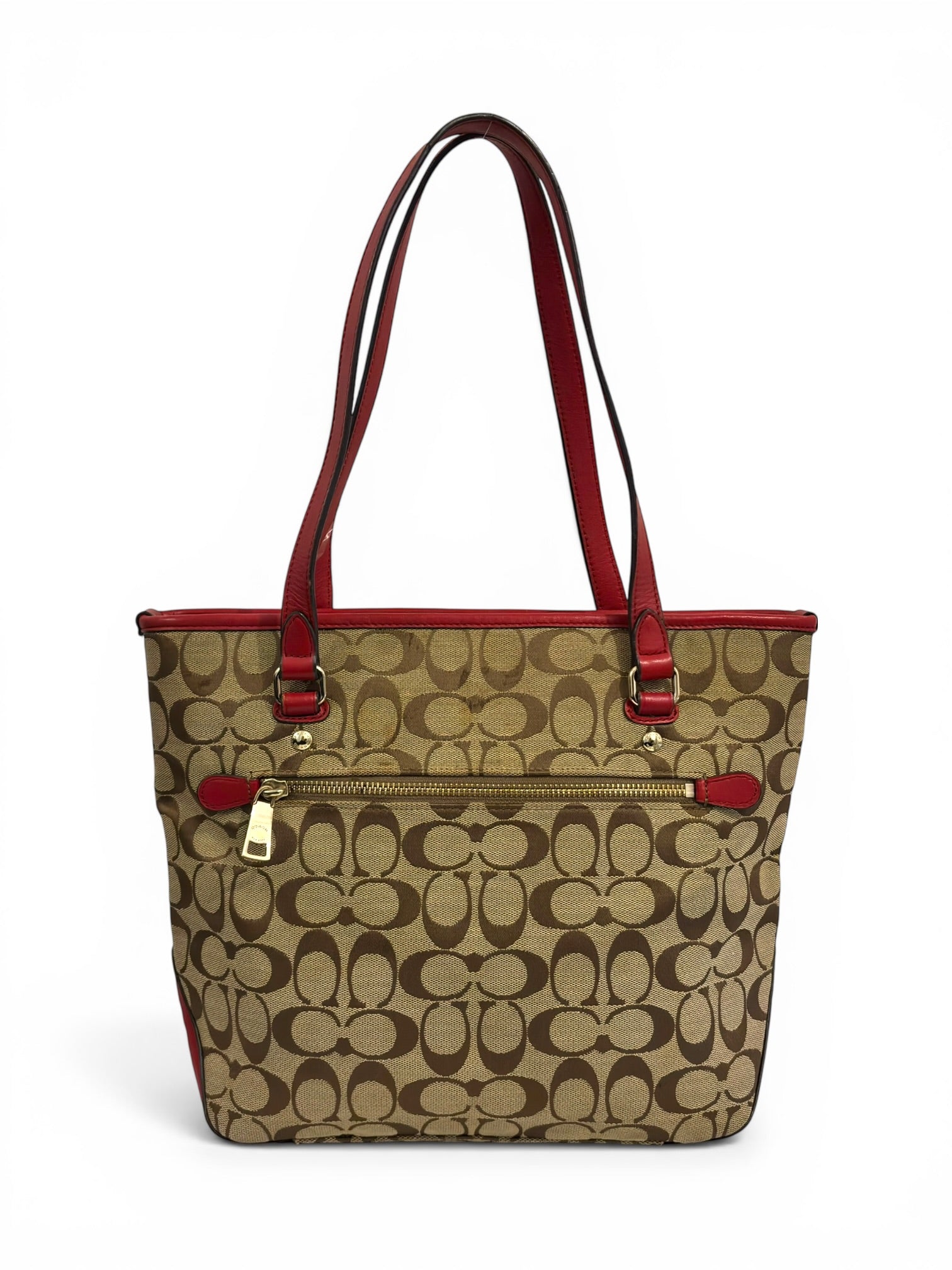 Coach Brown Khaki & Red Signature Monogram Canvas & Leather Tote Vintage Shoulder Bag