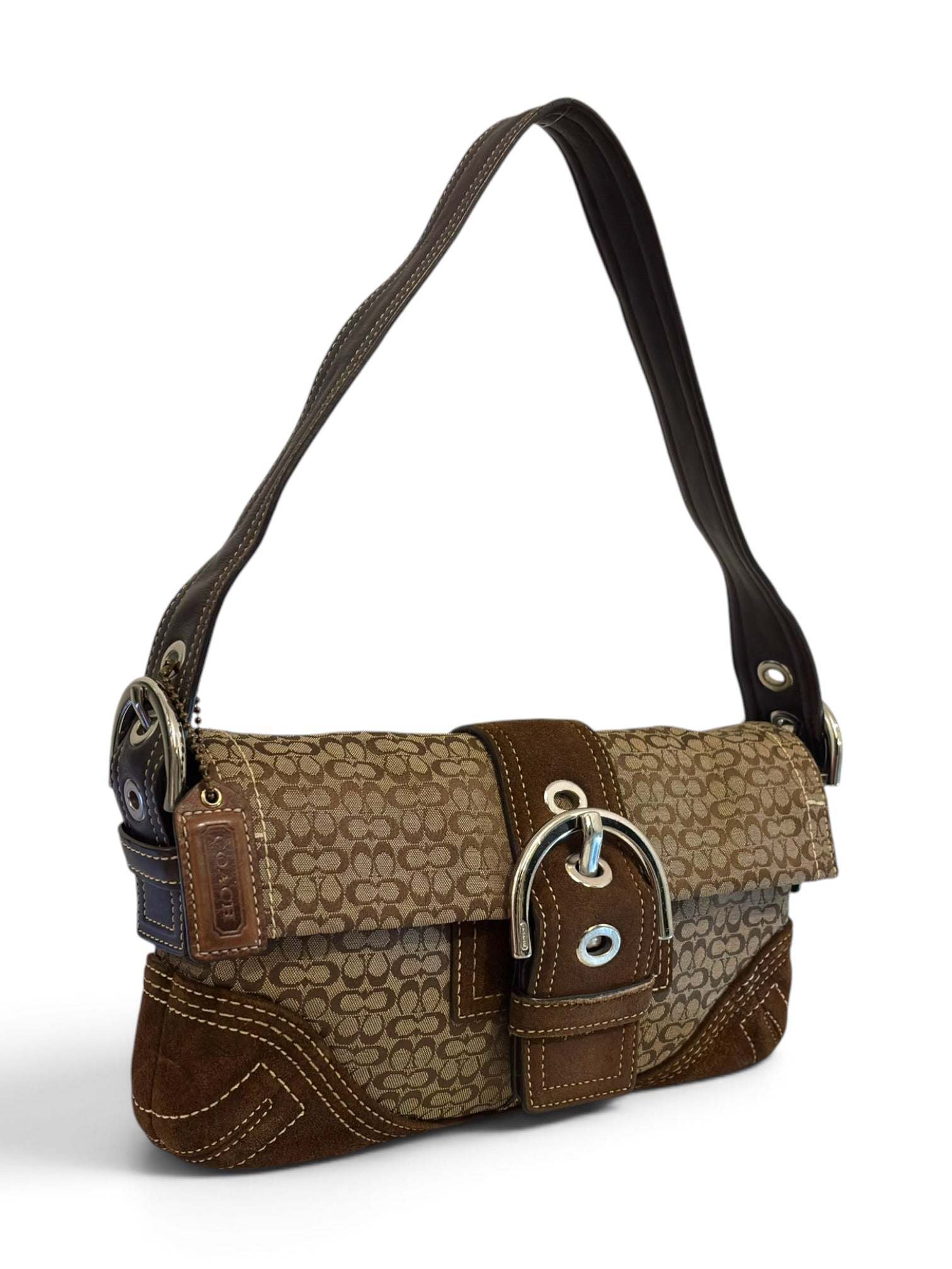 Vintage Coach Soho Bag Flap Signature Brown Shoulder Bag C05Q-3628