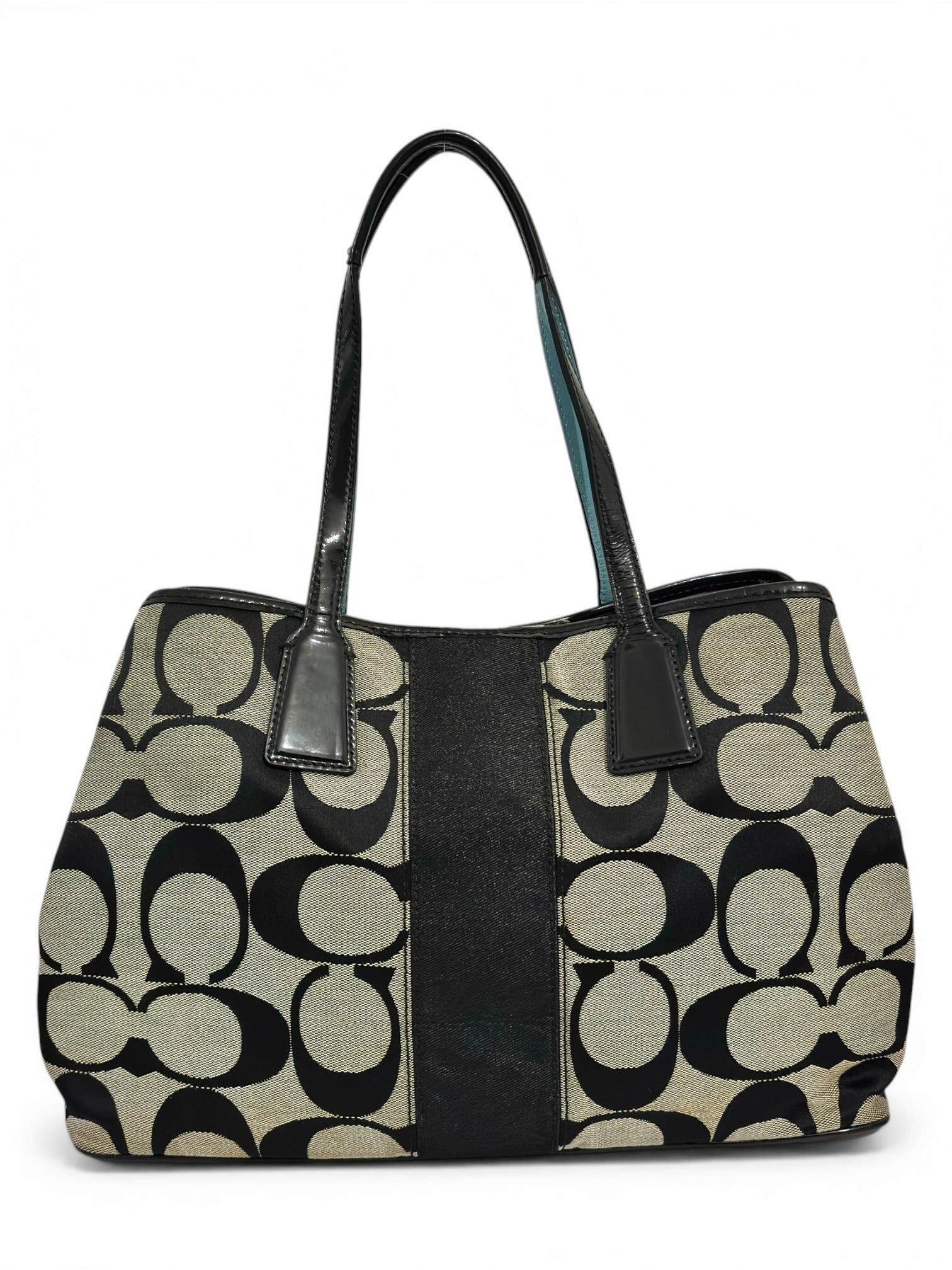 Coach Signature Stripe Black & Grey Canvas / Leather Kisslock Vintage Tote Shoulder Bag