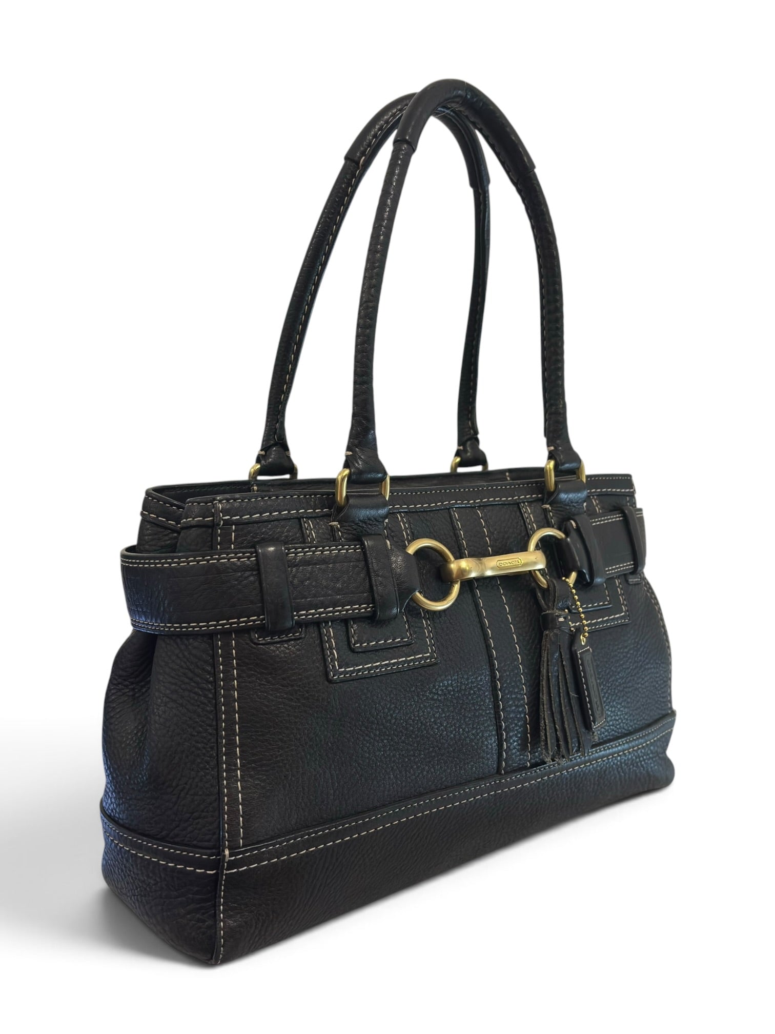 Vintage Coach Hamptons Bag Black Pebbled Leather Belted Tote E06S-10212