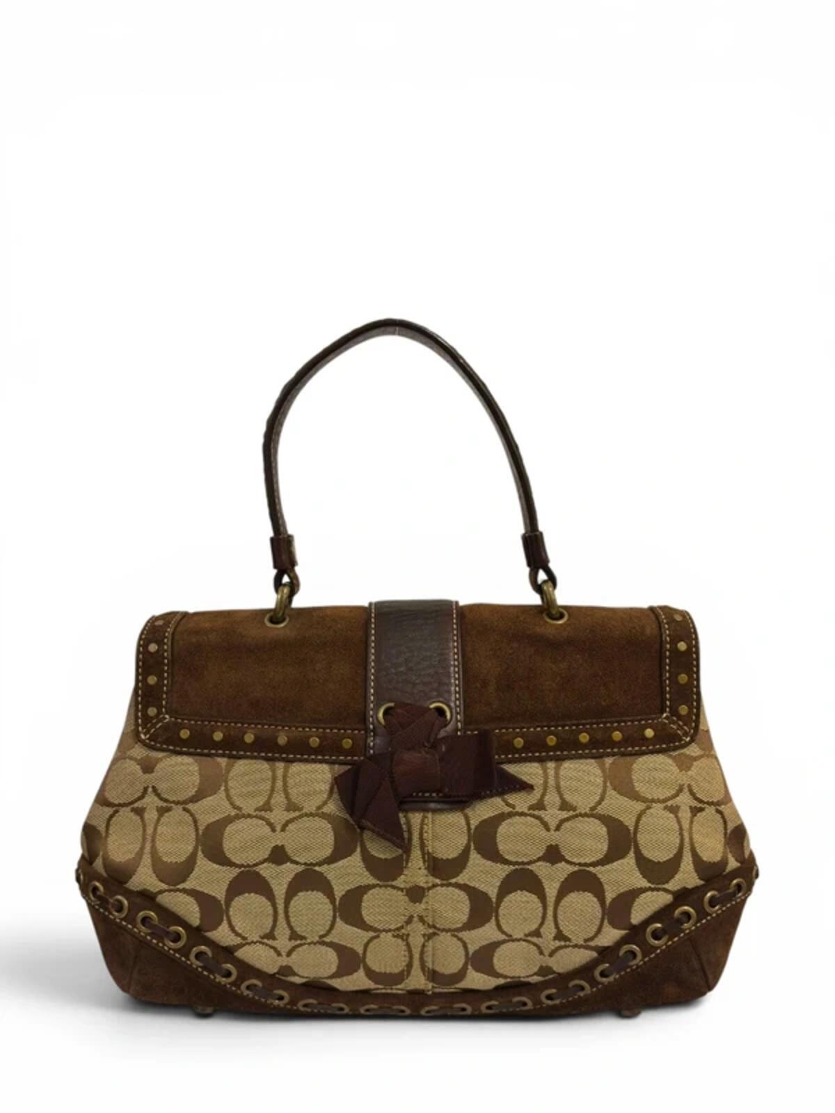 Coach Signature Soho Brown Canvas & Suede Buckle Studded Handbag D04J-7059