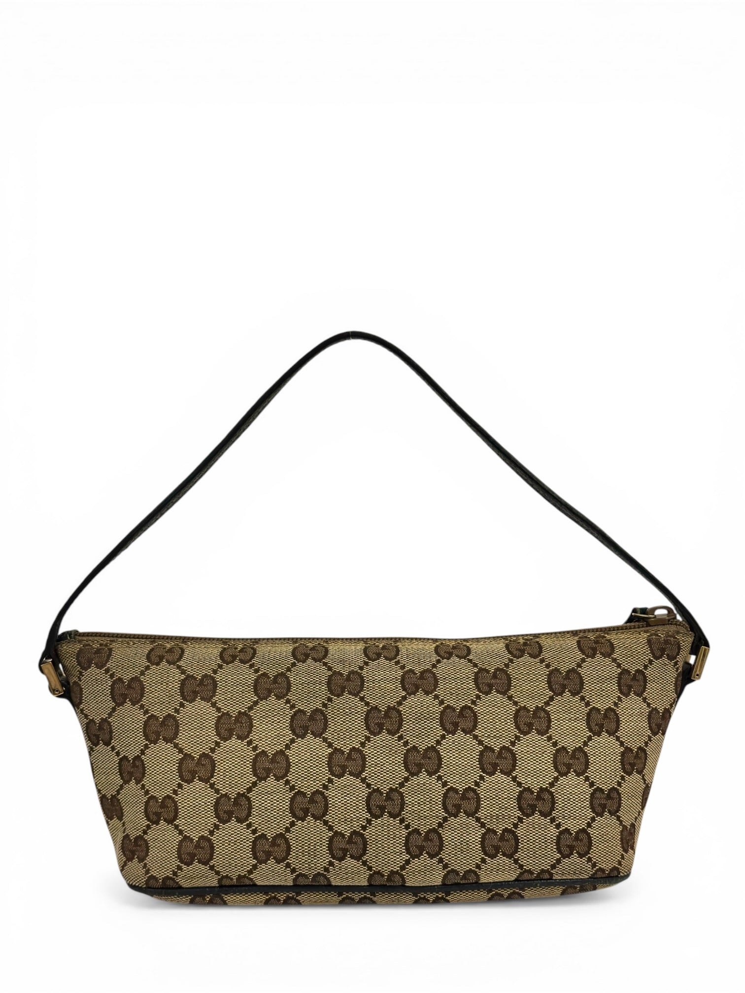 Gucci Brown Beige Canvas & Dark Blue Leather Pochette Boat Shoulder Bag