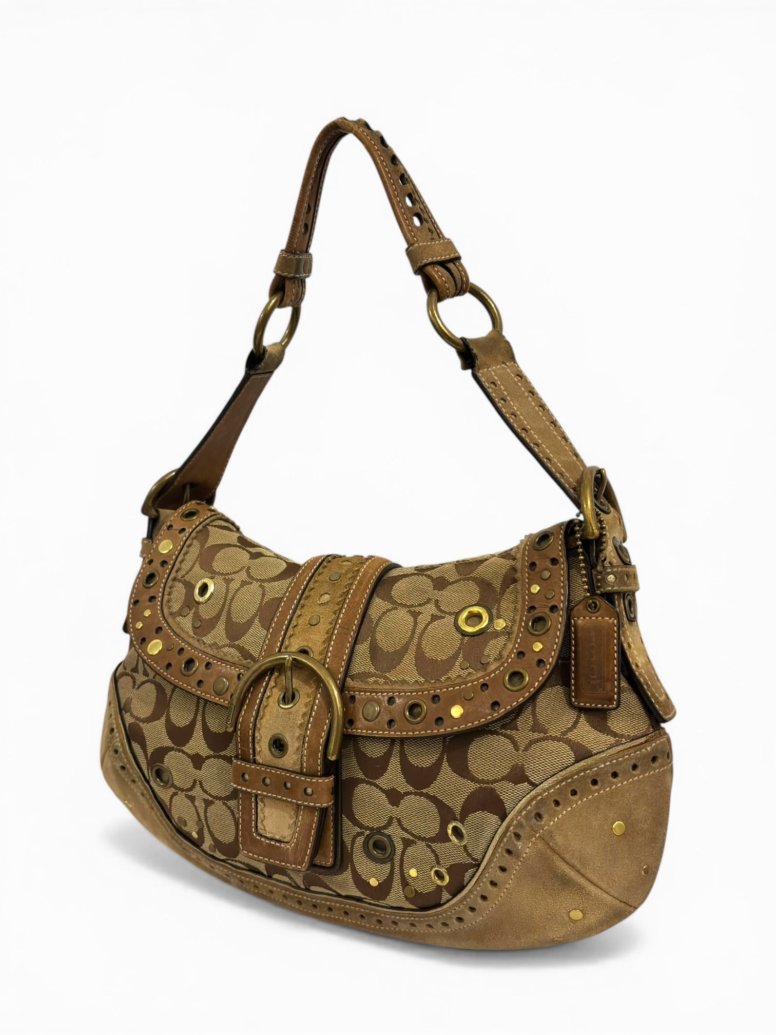 Coach Rare Soho Brown Beige Signature Studded Suede & Leather Rivet Hobo Shoulder Bag