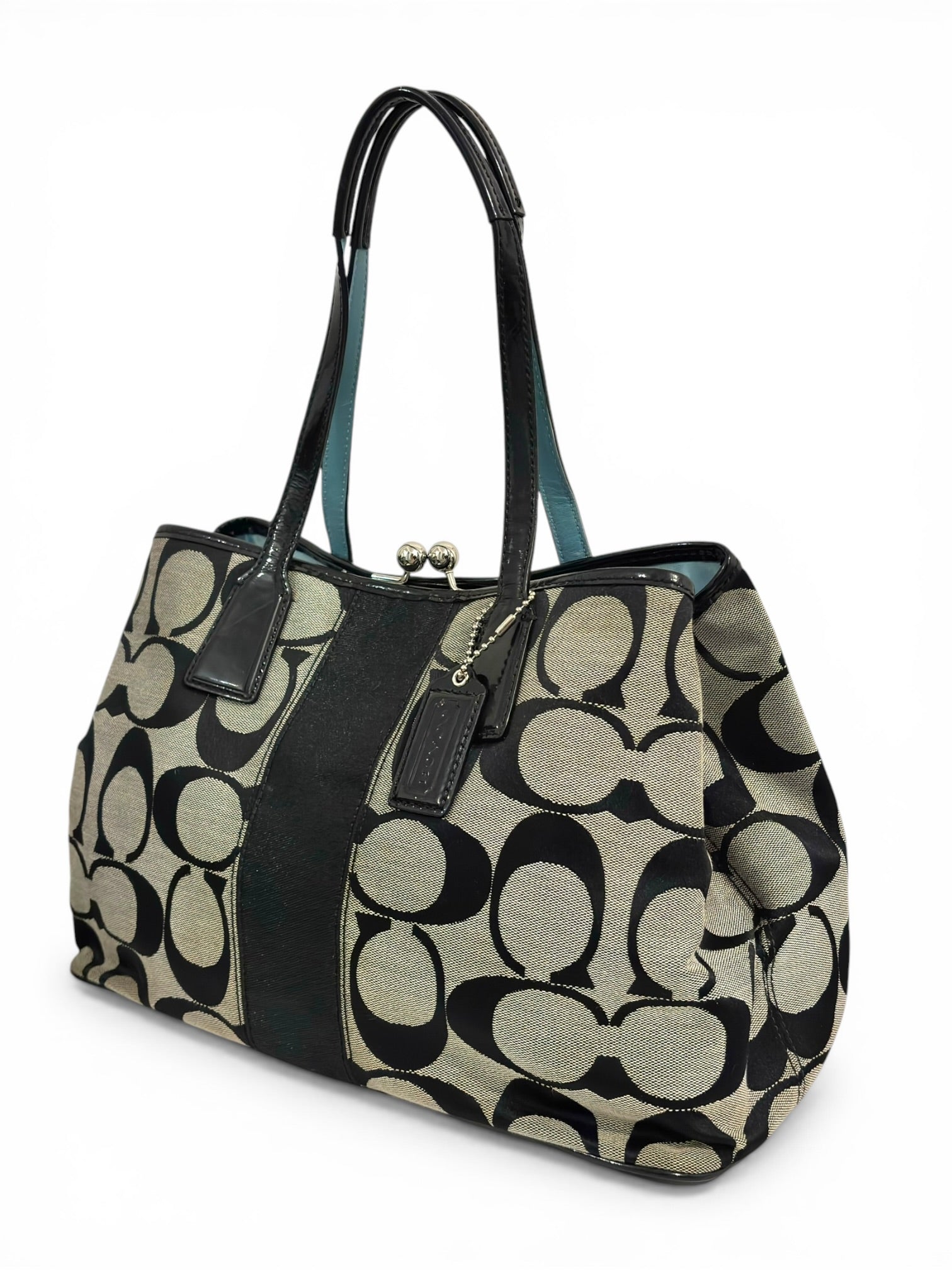 Coach Signature Stripe Black & Grey Canvas / Leather Kisslock Vintage Tote Shoulder Bag