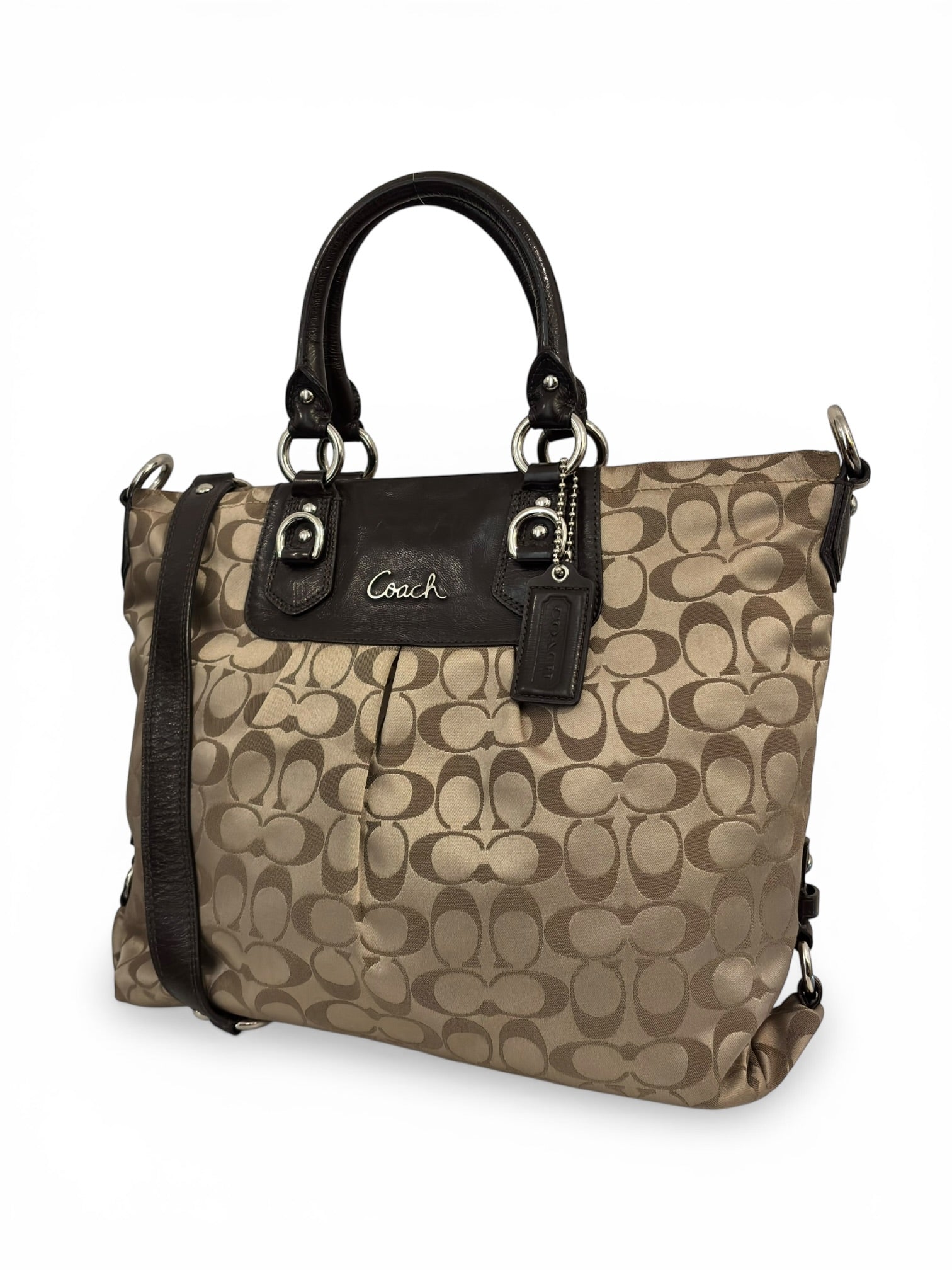 Coach Brown Beige Ashley Signature Canvas Satin & Patent Leather Vintage Shoulder Bag