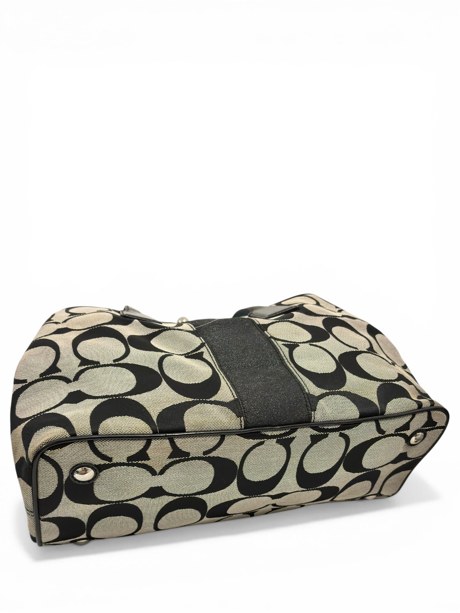 Coach Signature Stripe Black & Grey Canvas / Leather Kisslock Vintage Tote Shoulder Bag