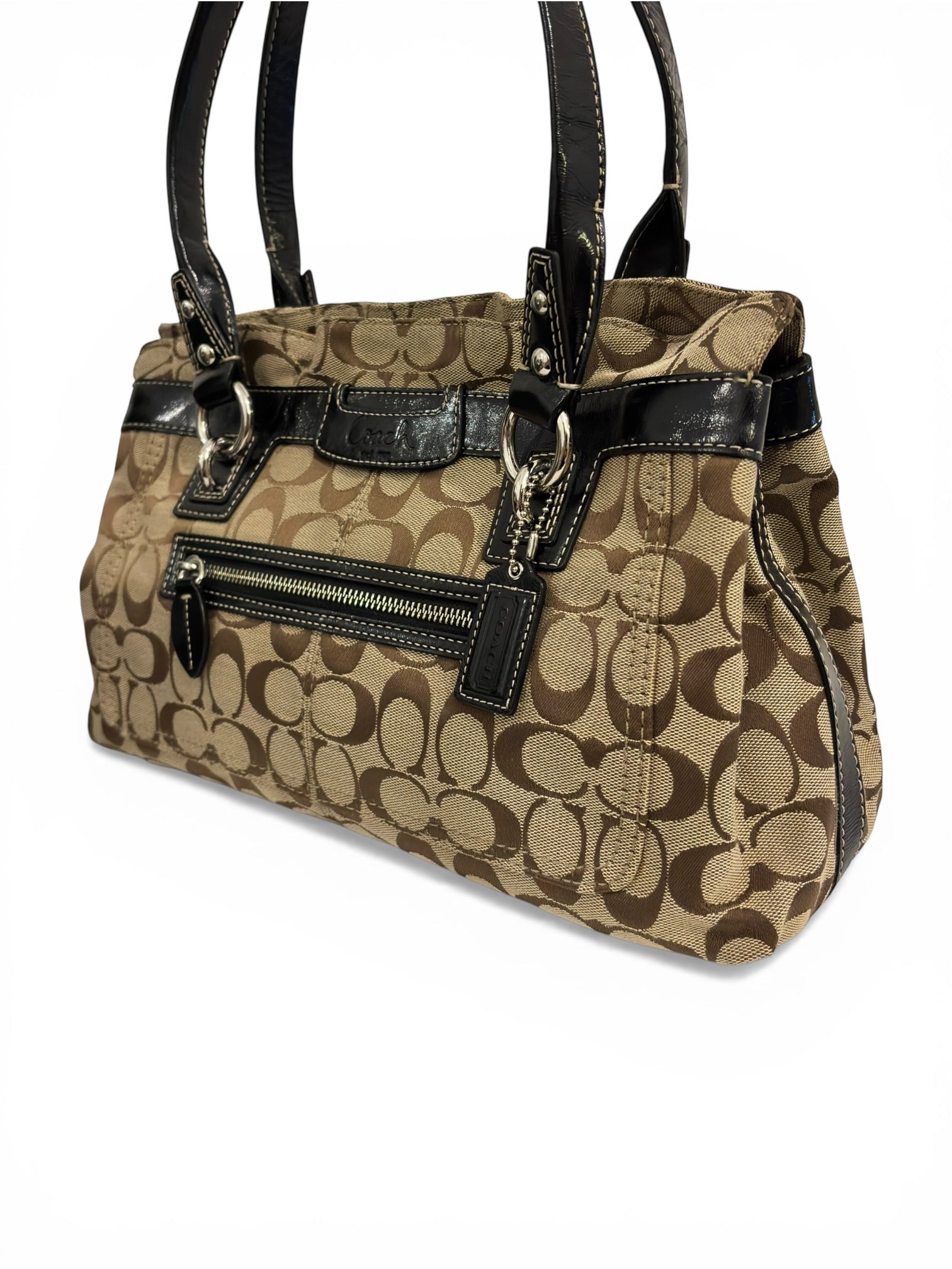 Coach 'Penelope' Signature Brown Canvas & Patent Leather Vintage Shoulder Bag