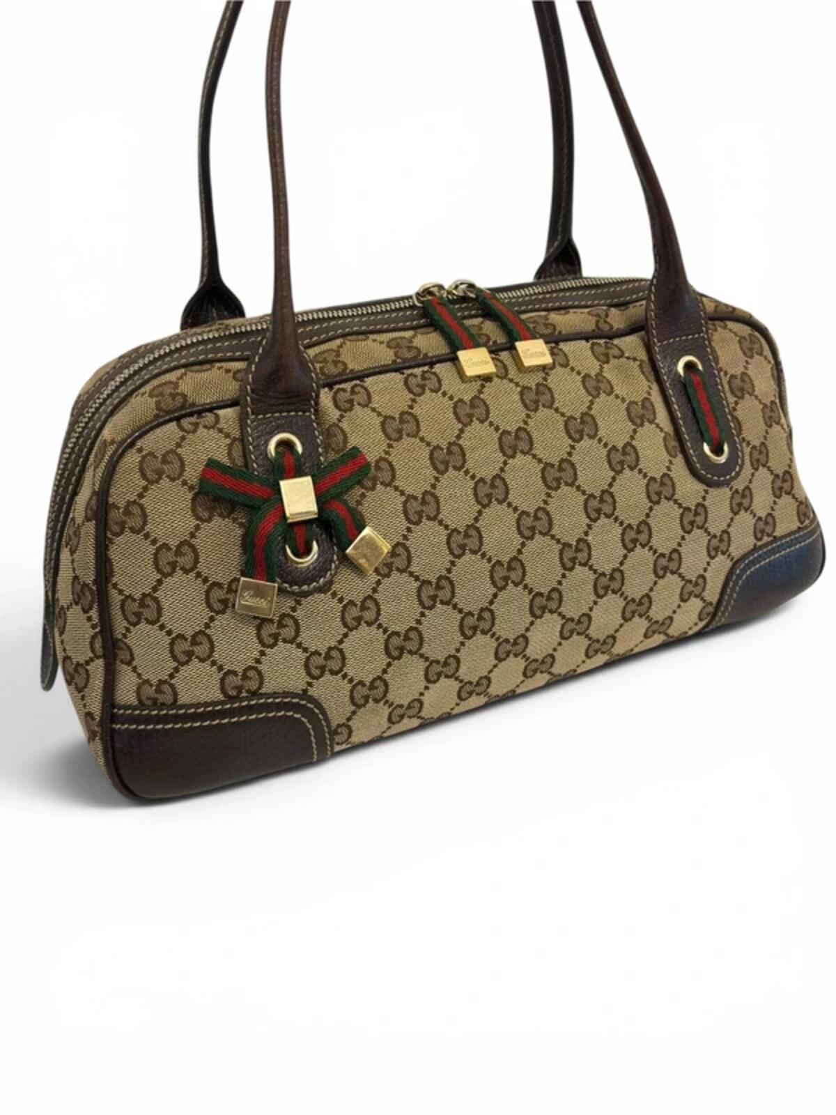 Gucci GG Brown / Beige Princy Boston Canvas & Leather Ribbon Vintage Shoulder Bag
