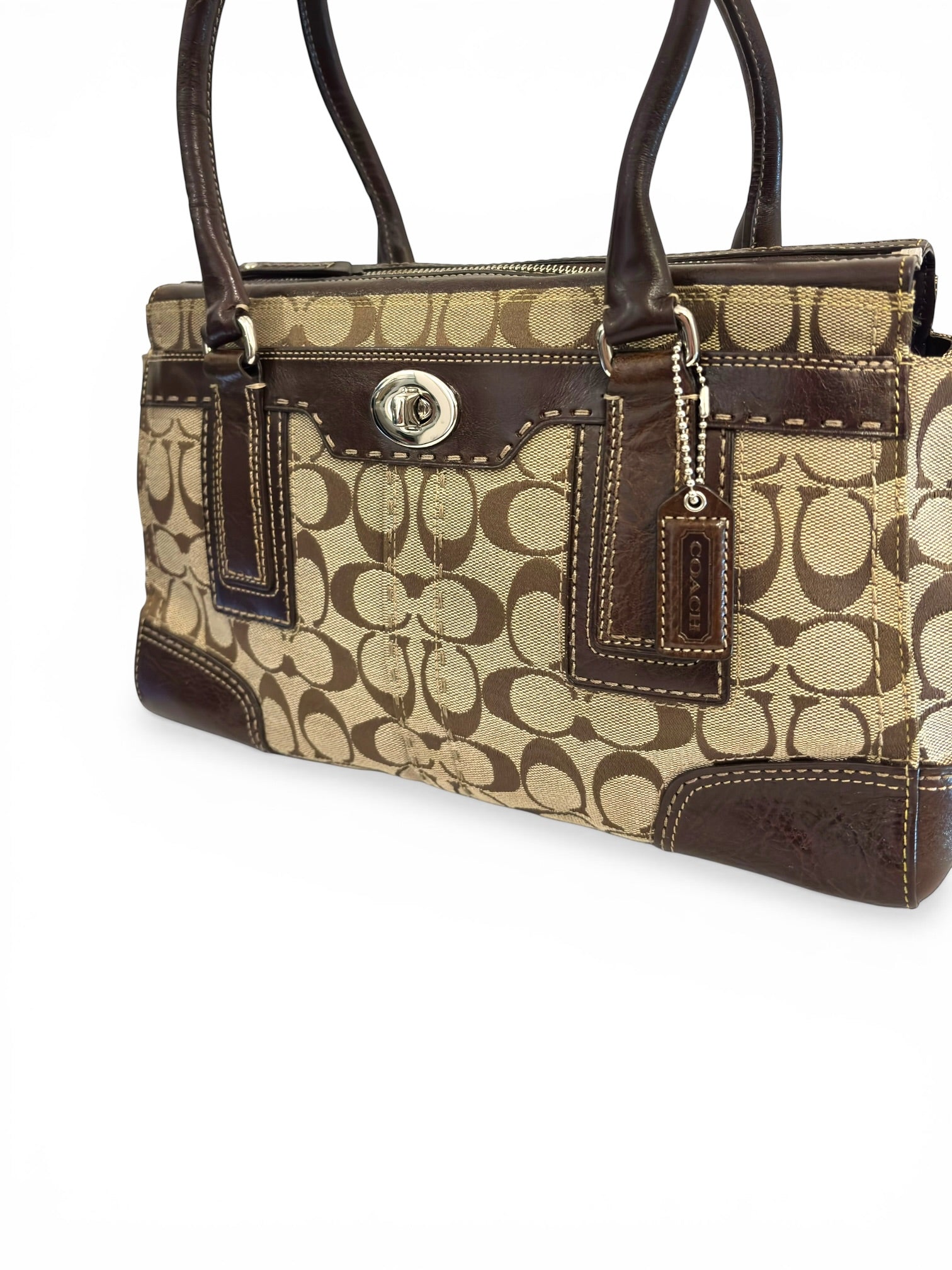 Coach Brown Signature Hamptons Turnlock Canvas & Leather Vintage Tote Shoulder Bag