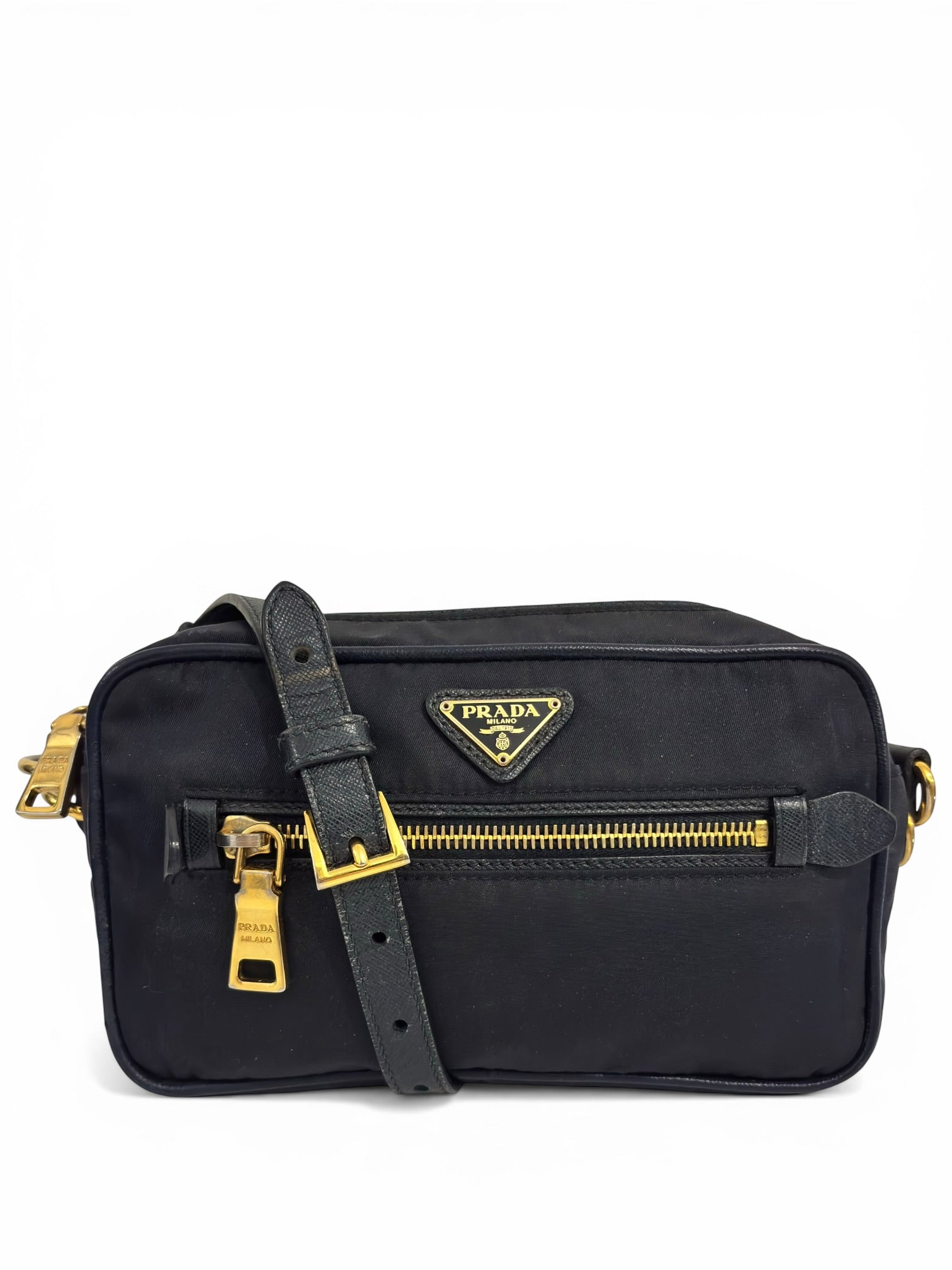 Prada Tessuto Navy Blue Nylon & Saffiano Leather Front Pocket Vintage Crossbody Camera Bag