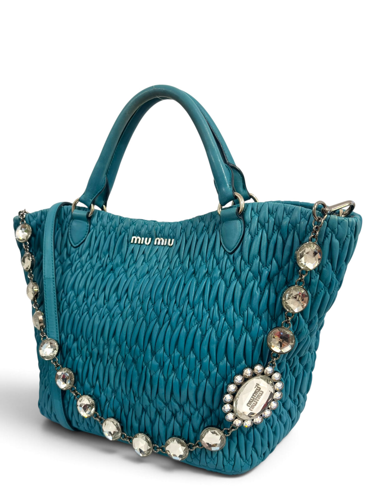 Vintage Miu Miu Bag In Blue Nappa Matelassé Leather Swarovski Crystal Tote