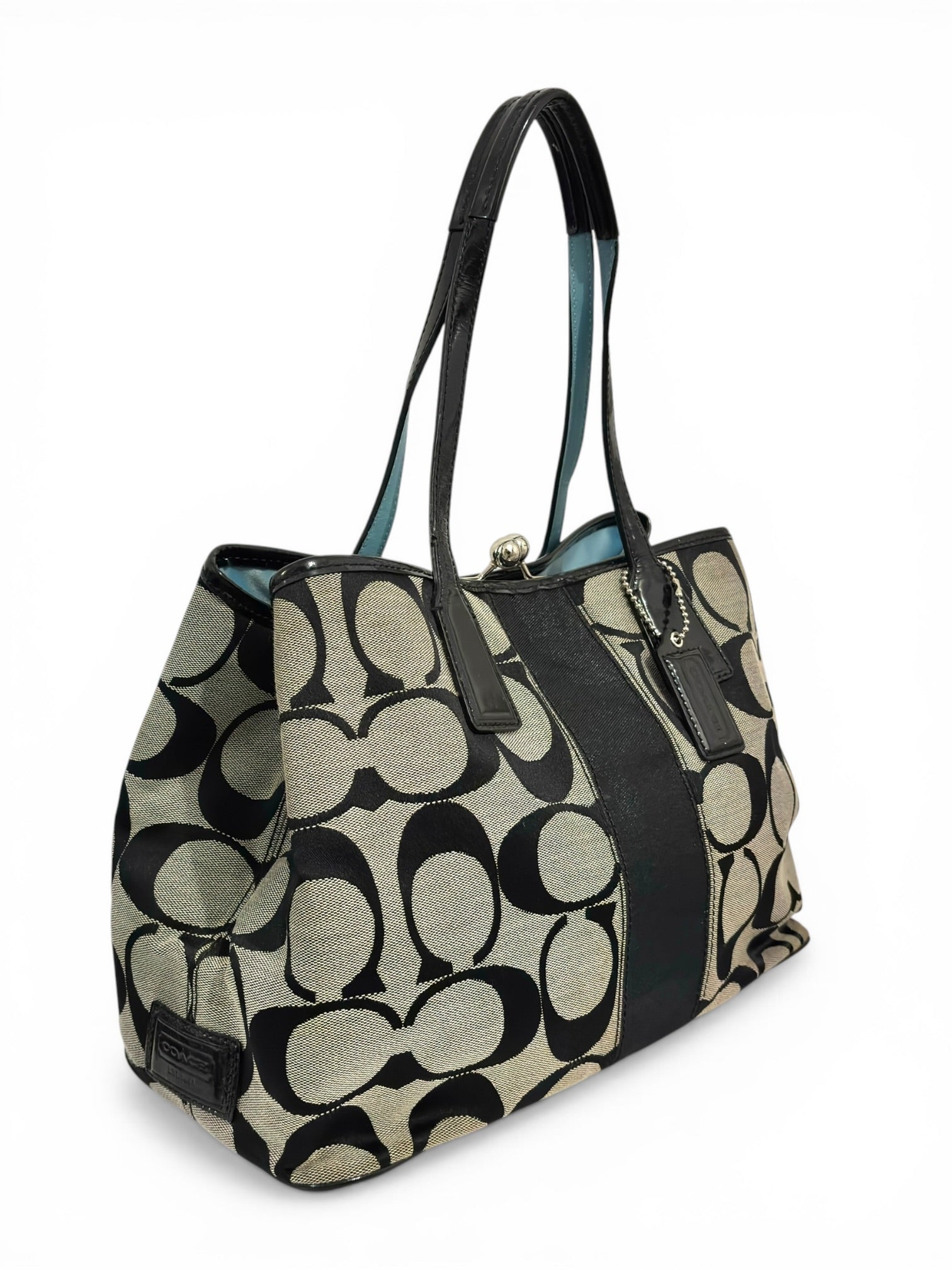 Coach Signature Stripe Black & Grey Canvas / Leather Kisslock Vintage Tote Shoulder Bag