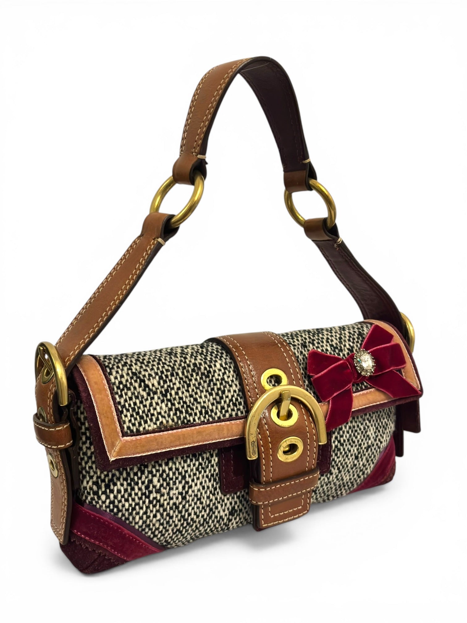 Coach Rare Soho Demi Grey Tweed Brown Leather & Burgundy Suede Shoulder Bag