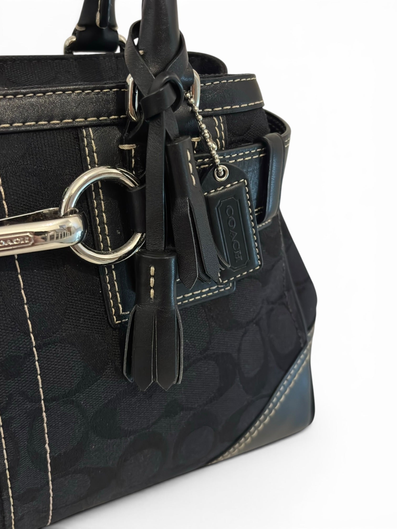 Coach Black Hampton Canvas & Leather Clip Tassel
Belted Tote Shoulder Bag
