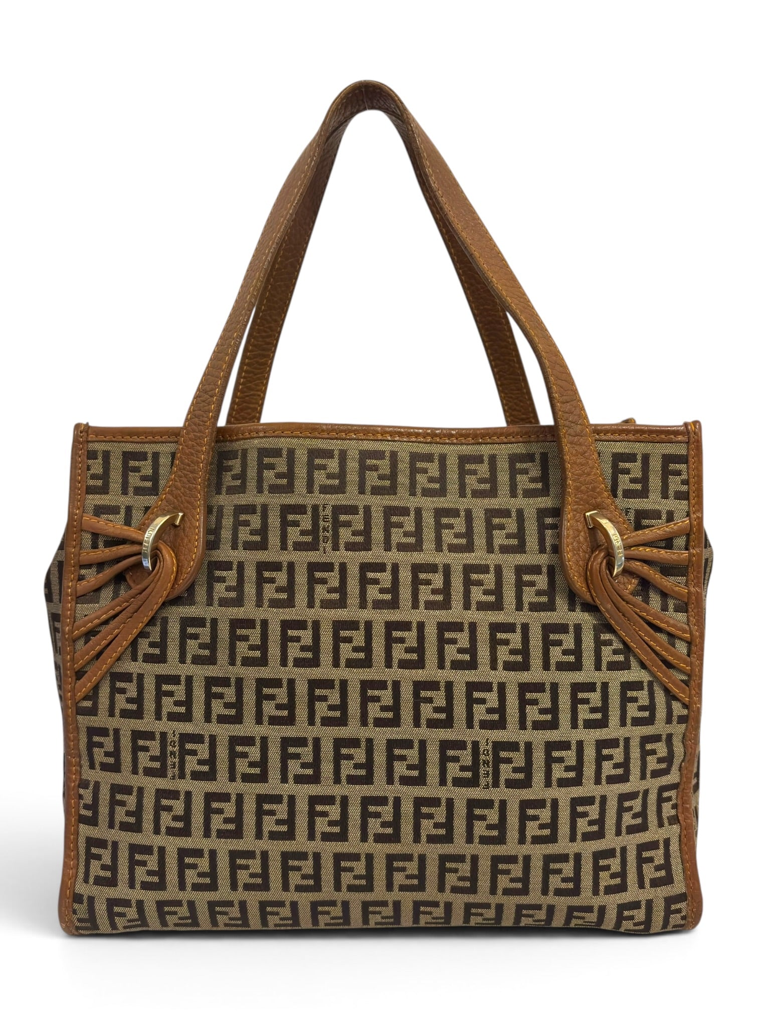 Vintage Fendi Zucchino Bag FF Canvas Tote Brown Leather Trim Shoulder Handbag