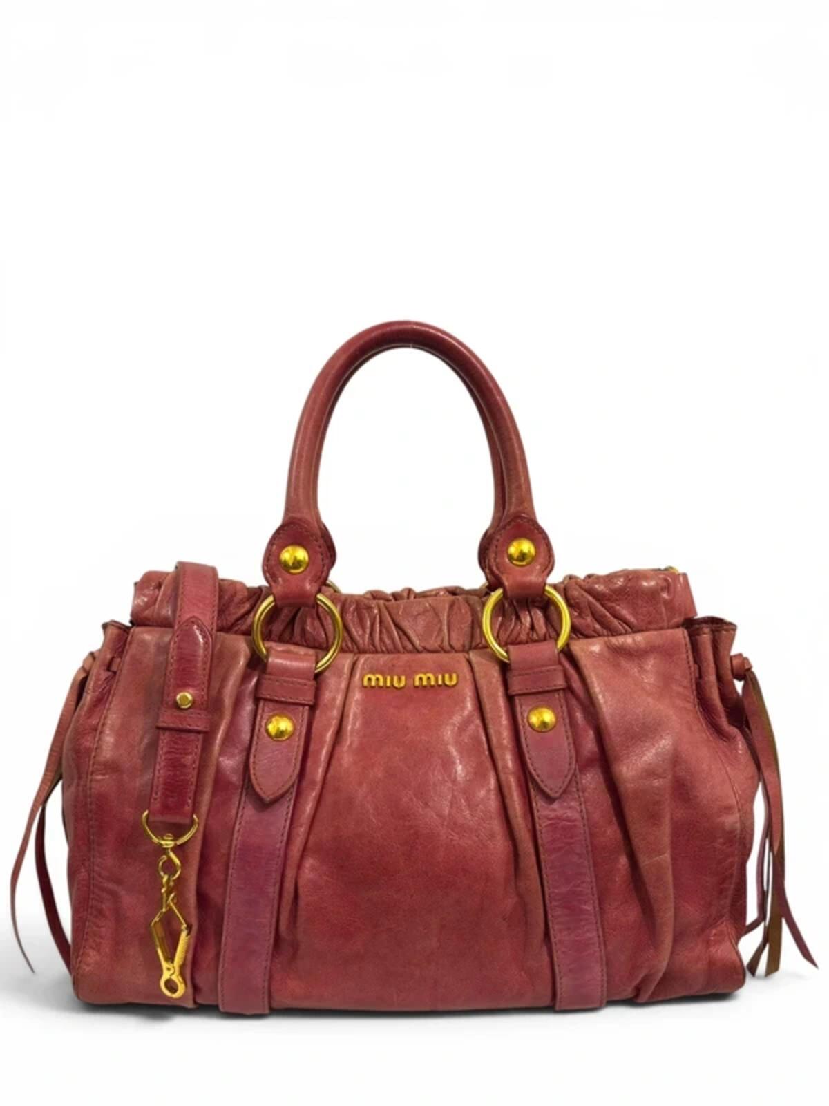Miu Miu Pink Vitello Lux Leather 2 Way Gathered Vintage Tote Crossbody / Shoulder Bag