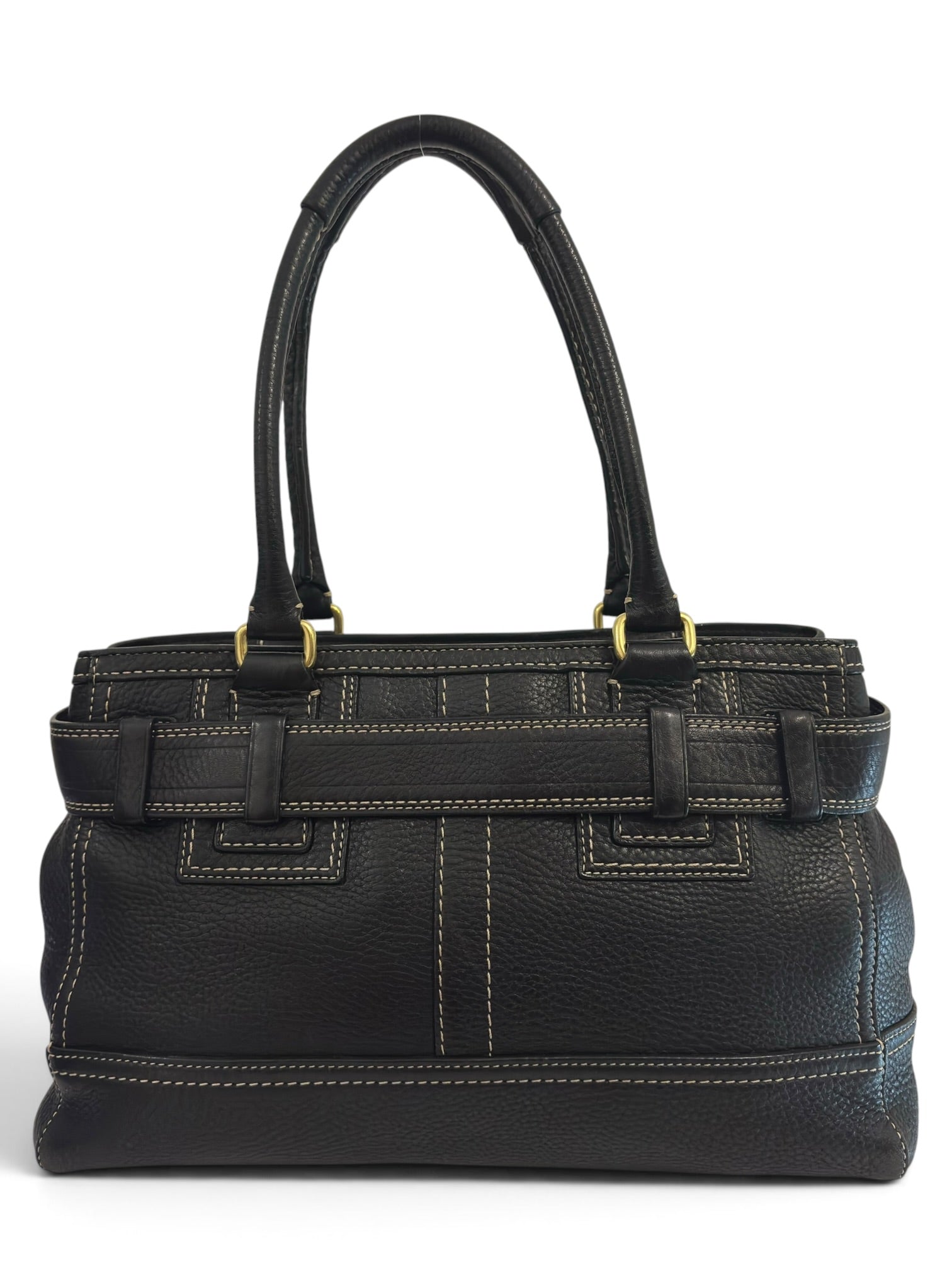 Vintage Coach Hamptons Bag Black Pebbled Leather Belted Tote E06S-10212