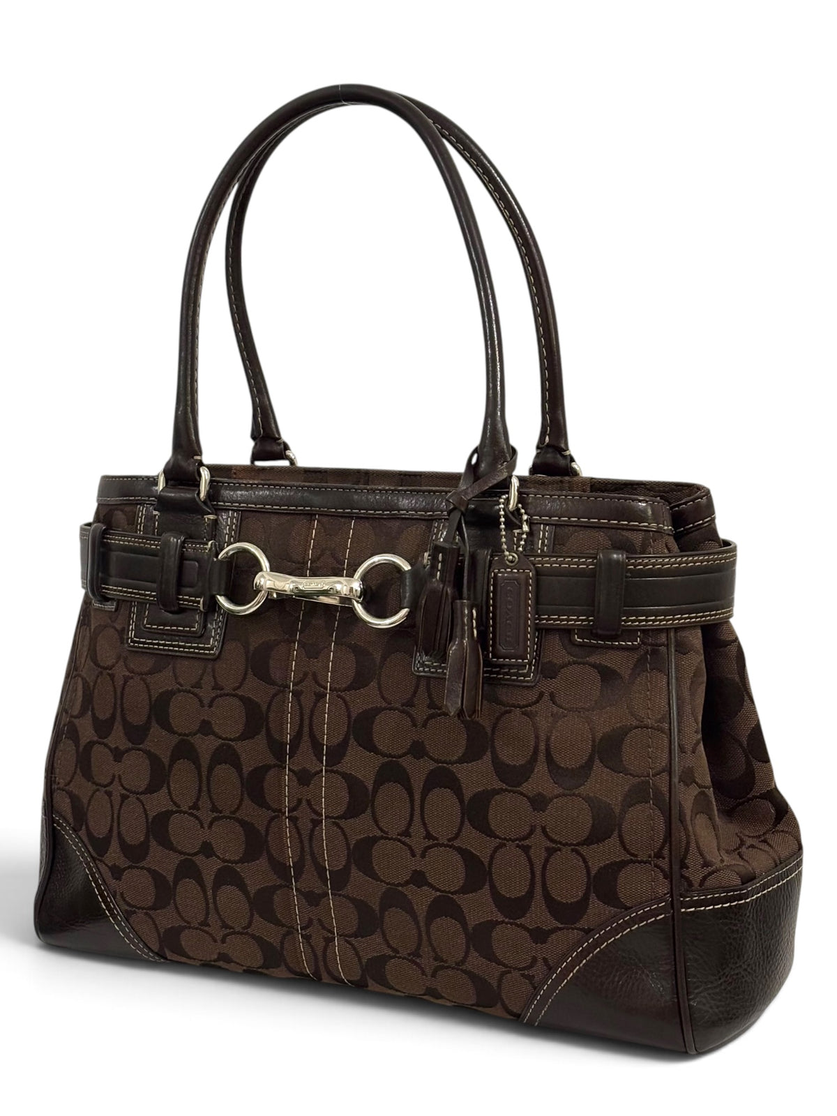 Vintage Coach Hamptons Bag F10246 Signature Chocolate Brown Clip Tote