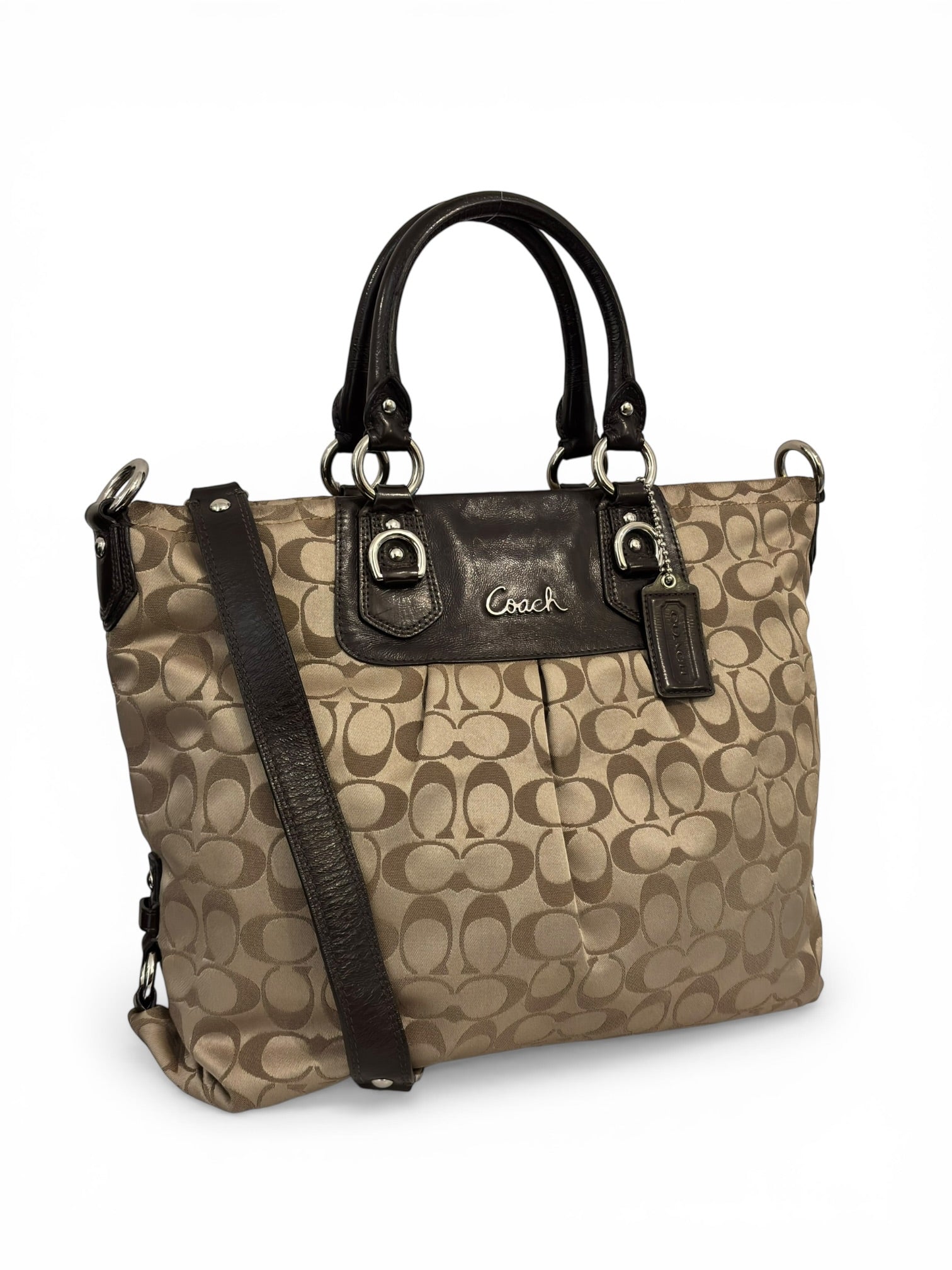 Coach Brown Beige Ashley Signature Canvas Satin & Patent Leather Vintage Shoulder Bag