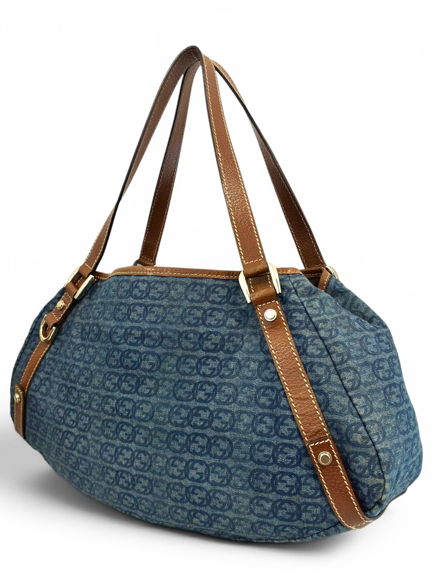 Gucci Denim Blue Abbey Interlocking G Signature Canvas & Brown Leather Tote Shoulder Bag