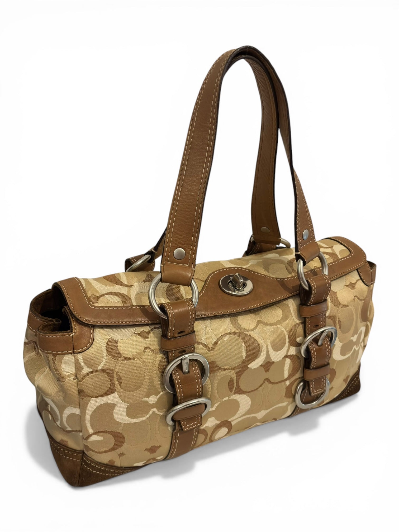 Coach Rare Chelsea Beige & Brown Signature Satin Suede Leather Turnlock Optic Shoulder Bag