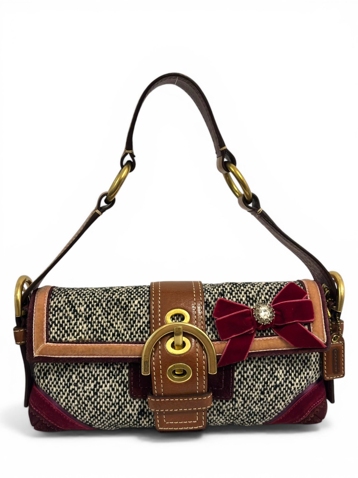 Coach Rare Soho Demi Grey Tweed Brown Leather & Burgundy Suede Shoulder Bag