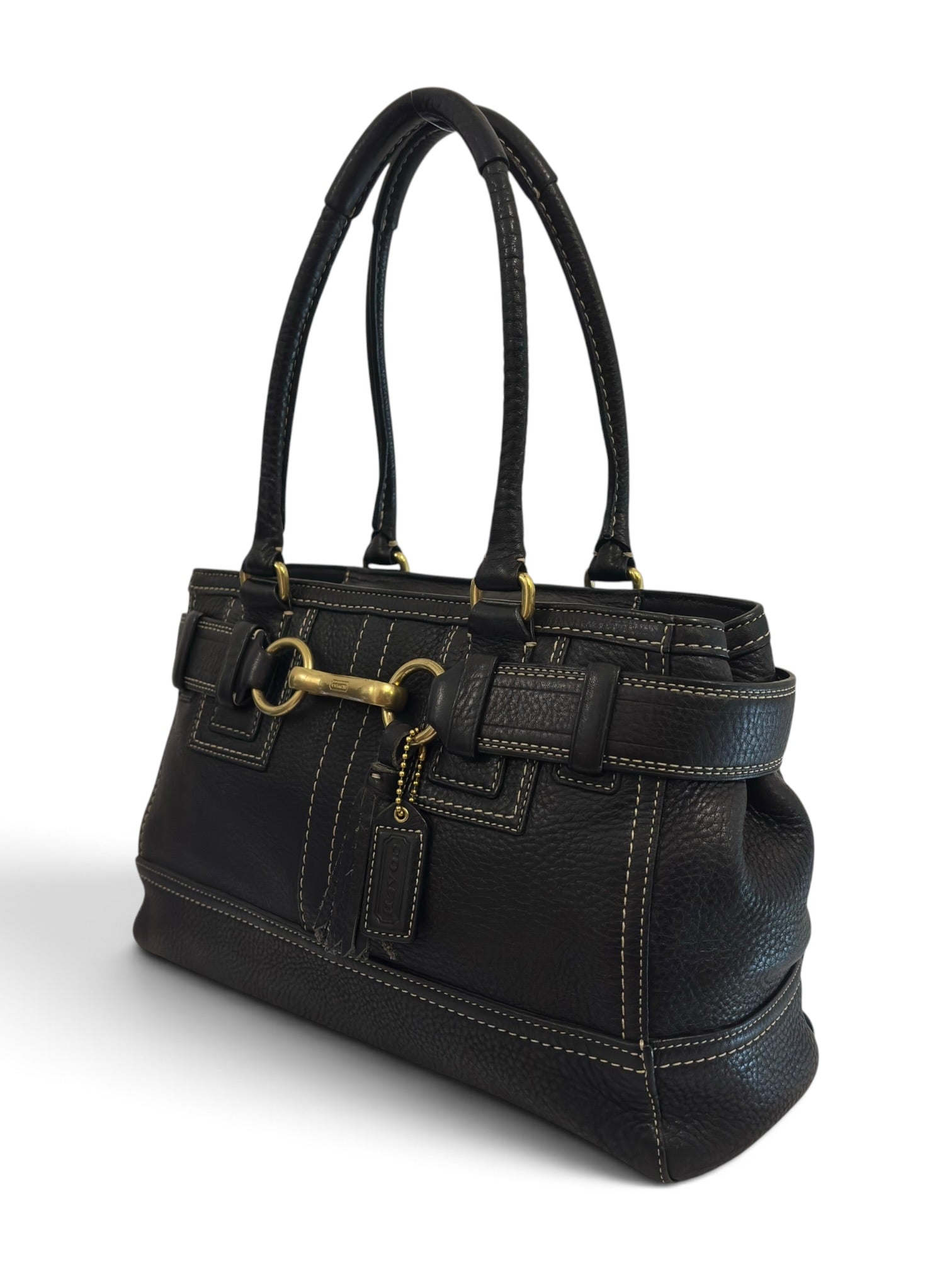 Vintage Coach Hamptons Bag Black Pebbled Leather Belted Tote E06S-10212